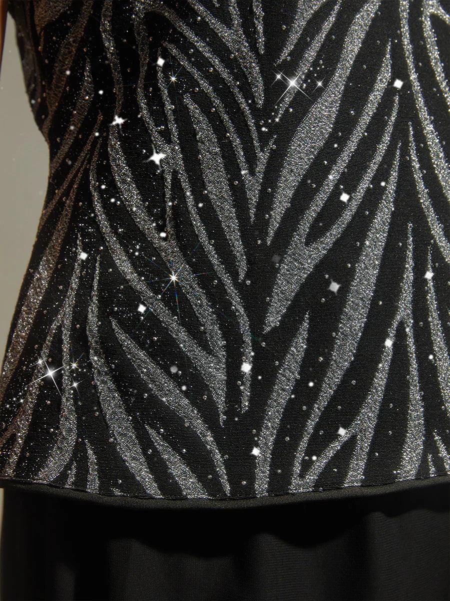 Mandarin Collar Twinset with Rhinestone-Embellished Zebra Print