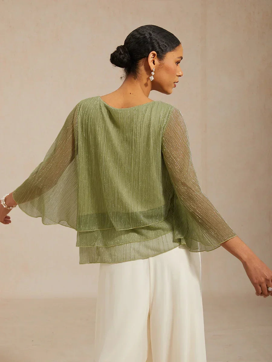 Metallic Chiffonblouse met Geplooide Stof en Asymmetrische Lagen