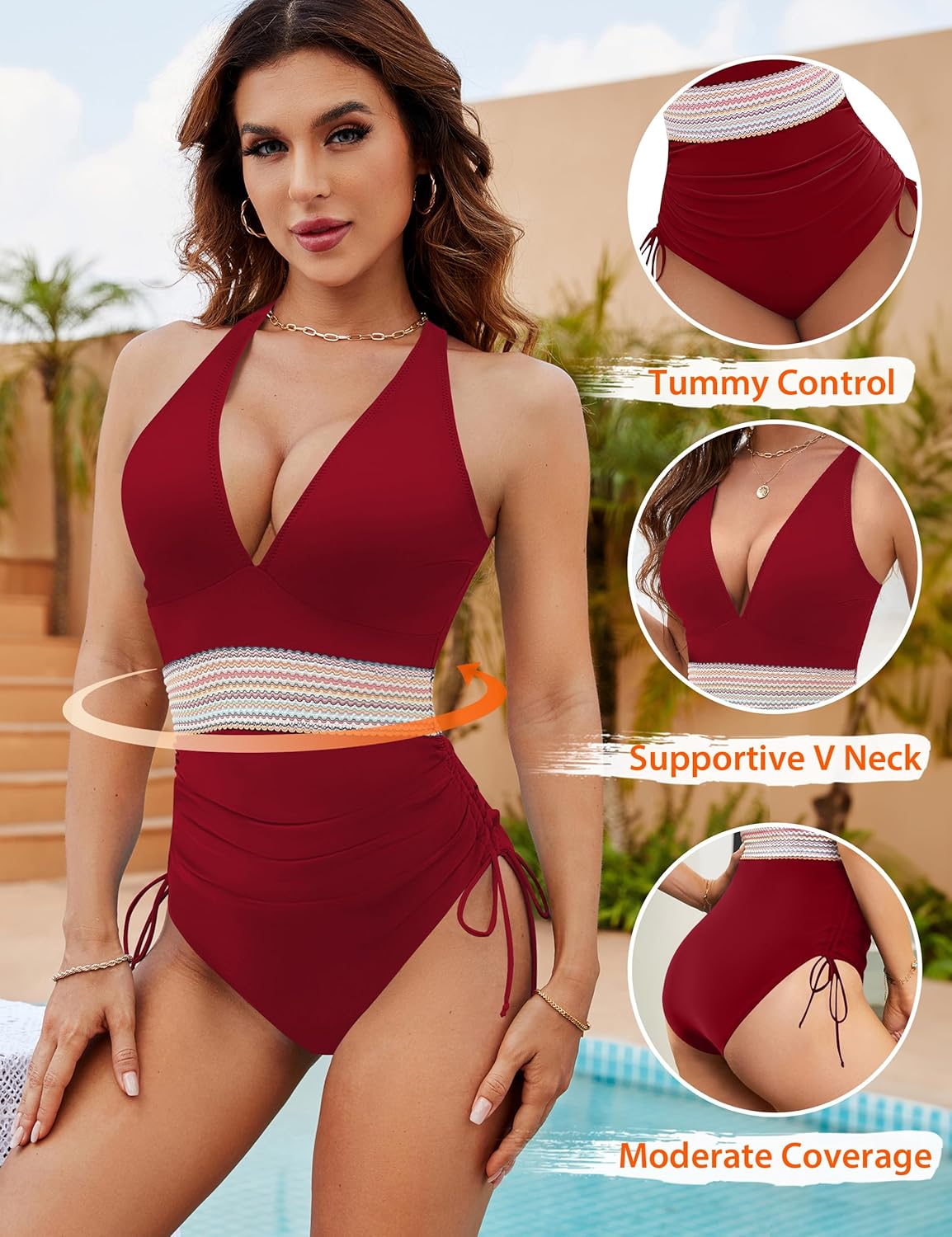 Maclair & Co. - Women Tummy Control Swimsuits One Piece Slimming Modest Bathing Suit Color Block Drawstring Swim Suits