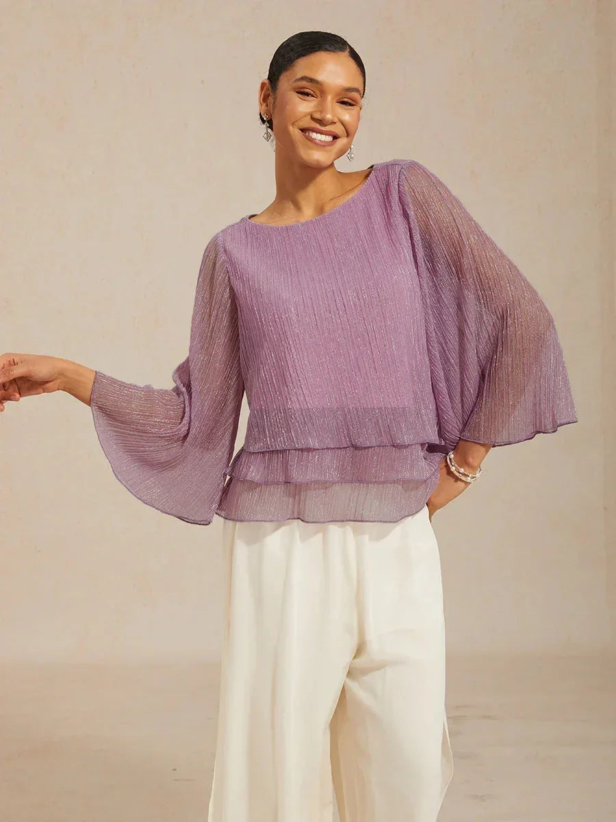 Metallic Geplooide Chiffon Asymmetrische Gelaagde Blouse