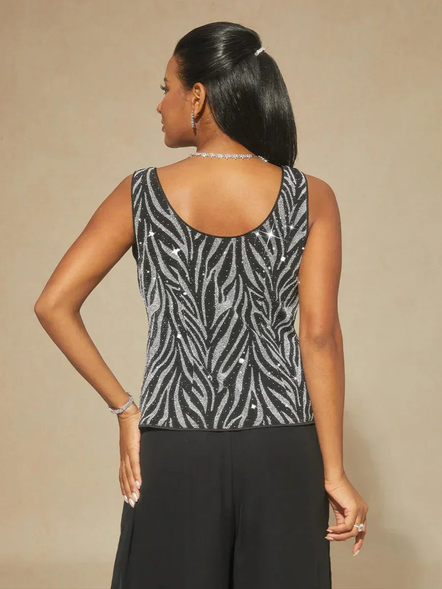 Elegant Twinset Met Mandarijnkraag En Zebraprint Met Strasssteentjes