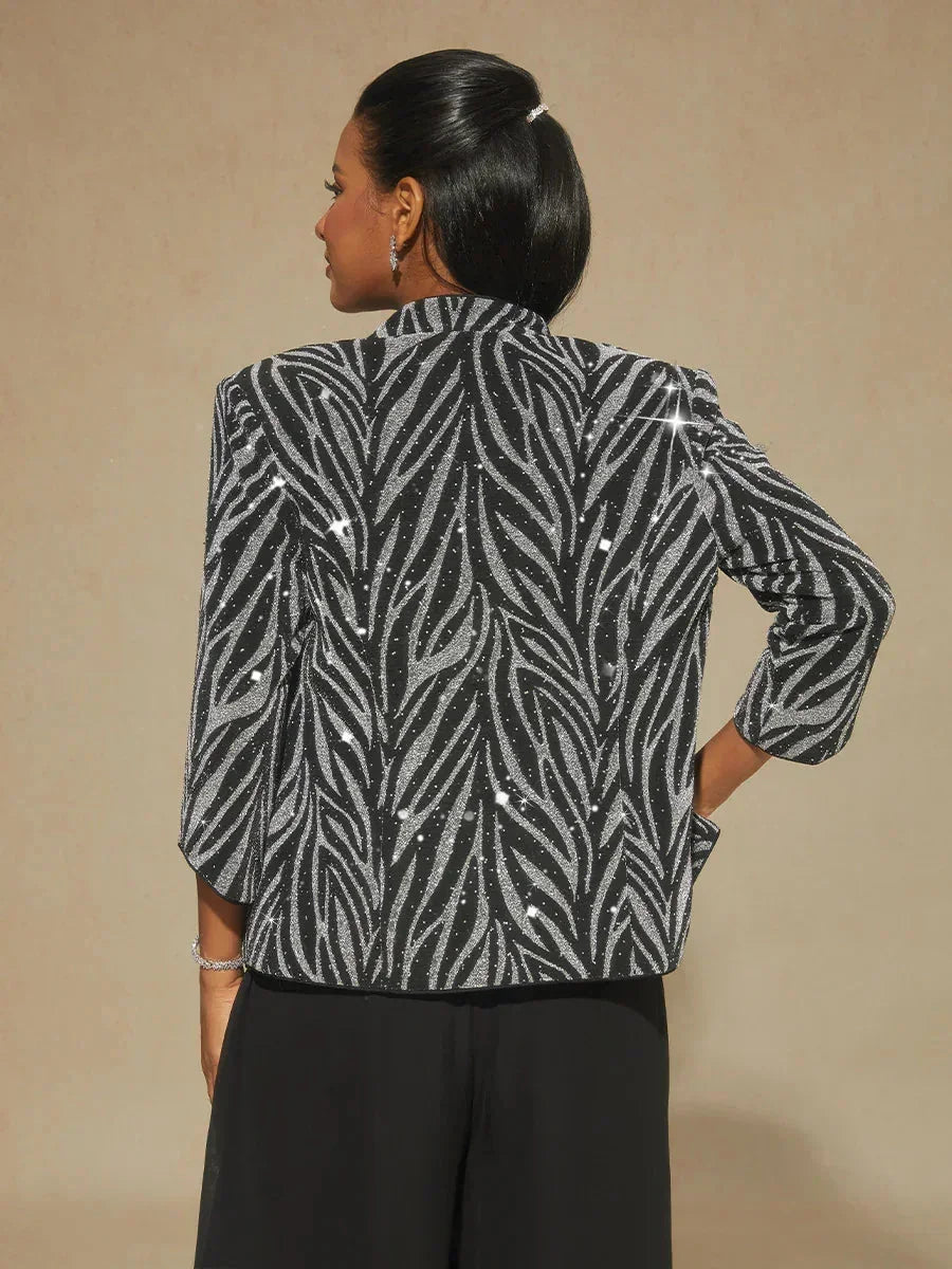 Mandarin Collar Twinset with Rhinestone-Embellished Zebra Print