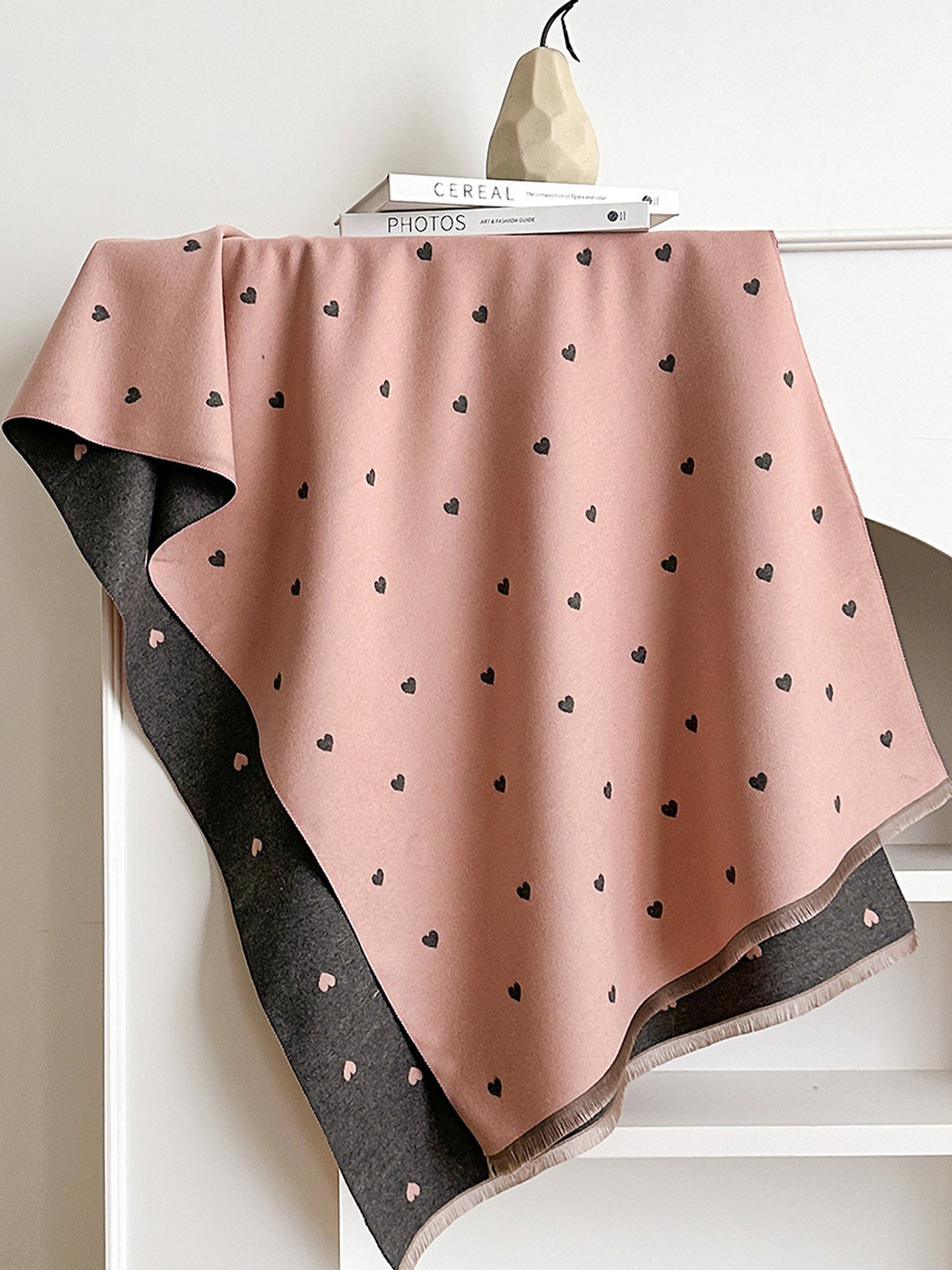 Double-Sided Heart-Jacquard Fringed Scarf