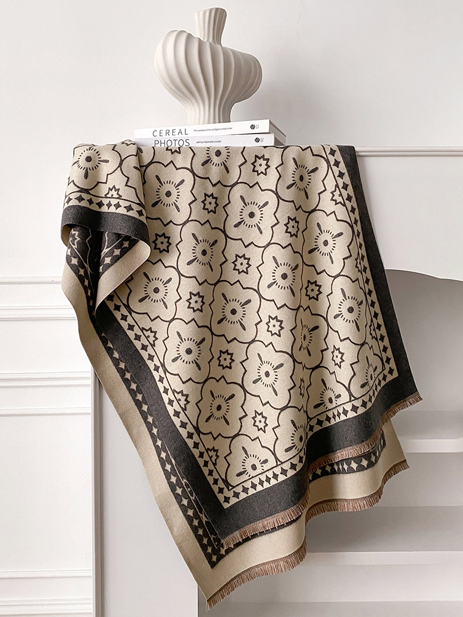 Double-Sided Floral-Jacquard Fringed Scarf