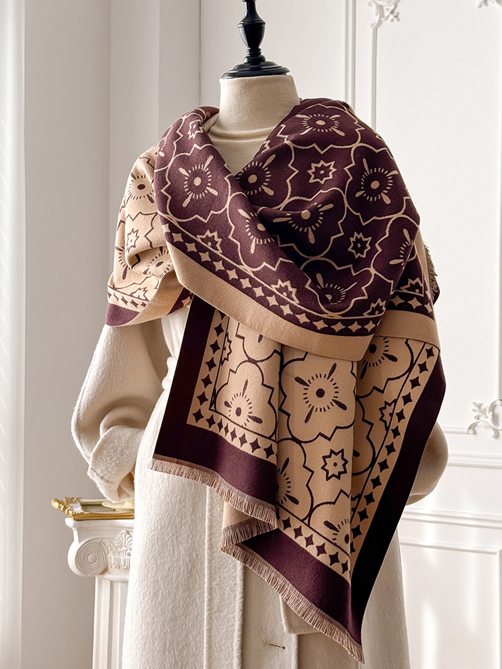 Double-Sided Floral-Jacquard Fringed Scarf
