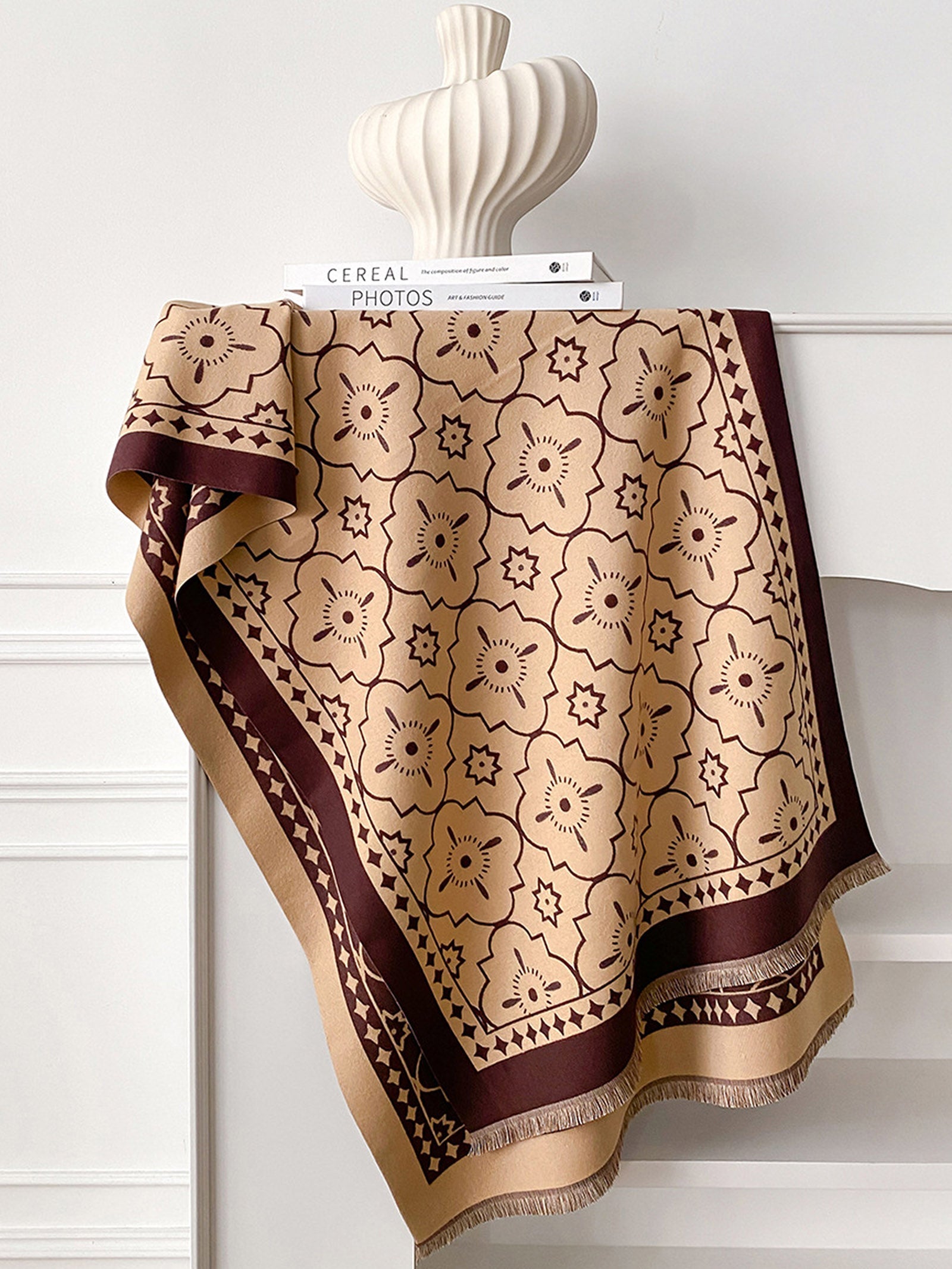 Double-Sided Floral-Jacquard Fringed Scarf
