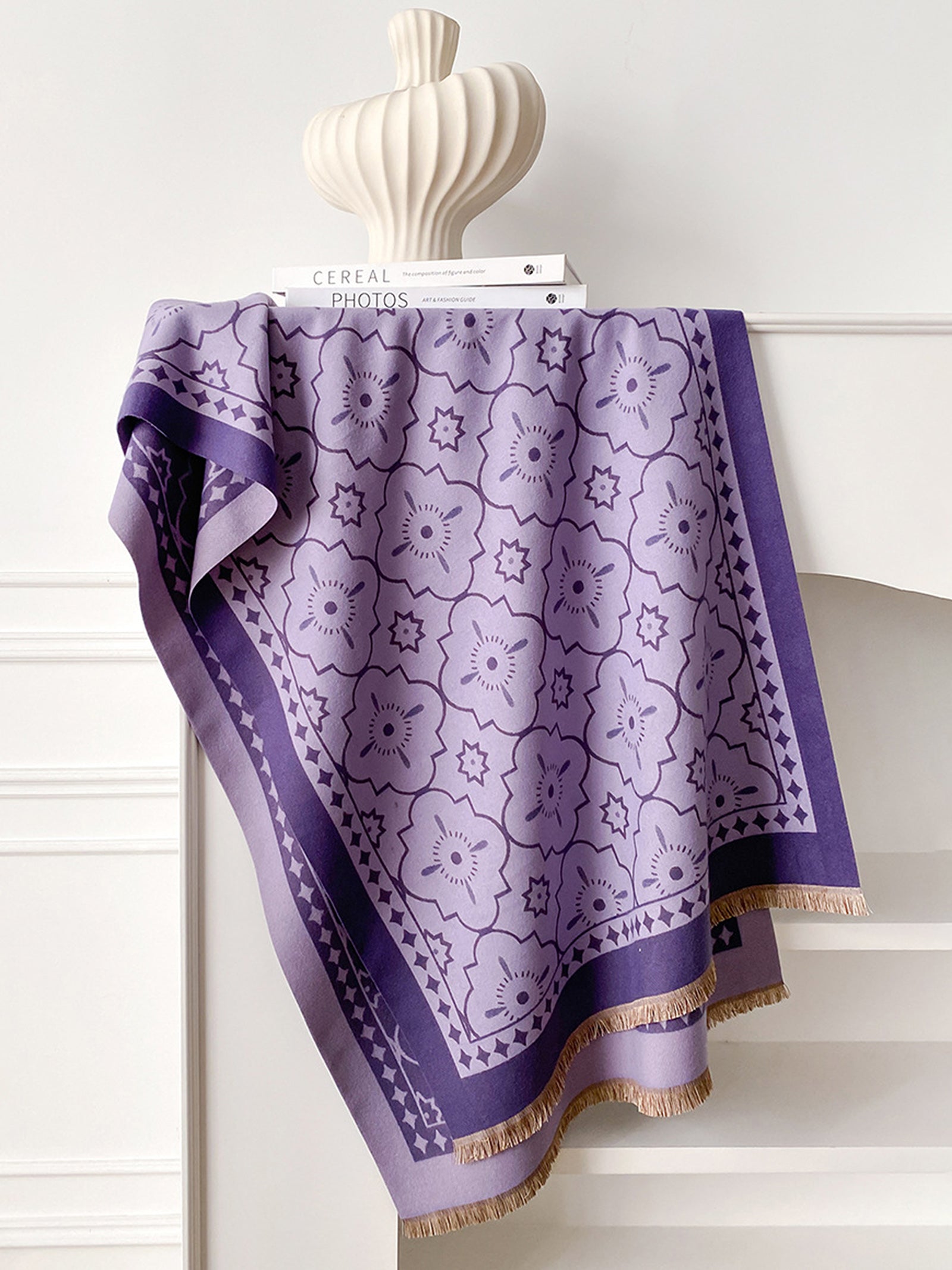 Double-Sided Floral-Jacquard Fringed Scarf