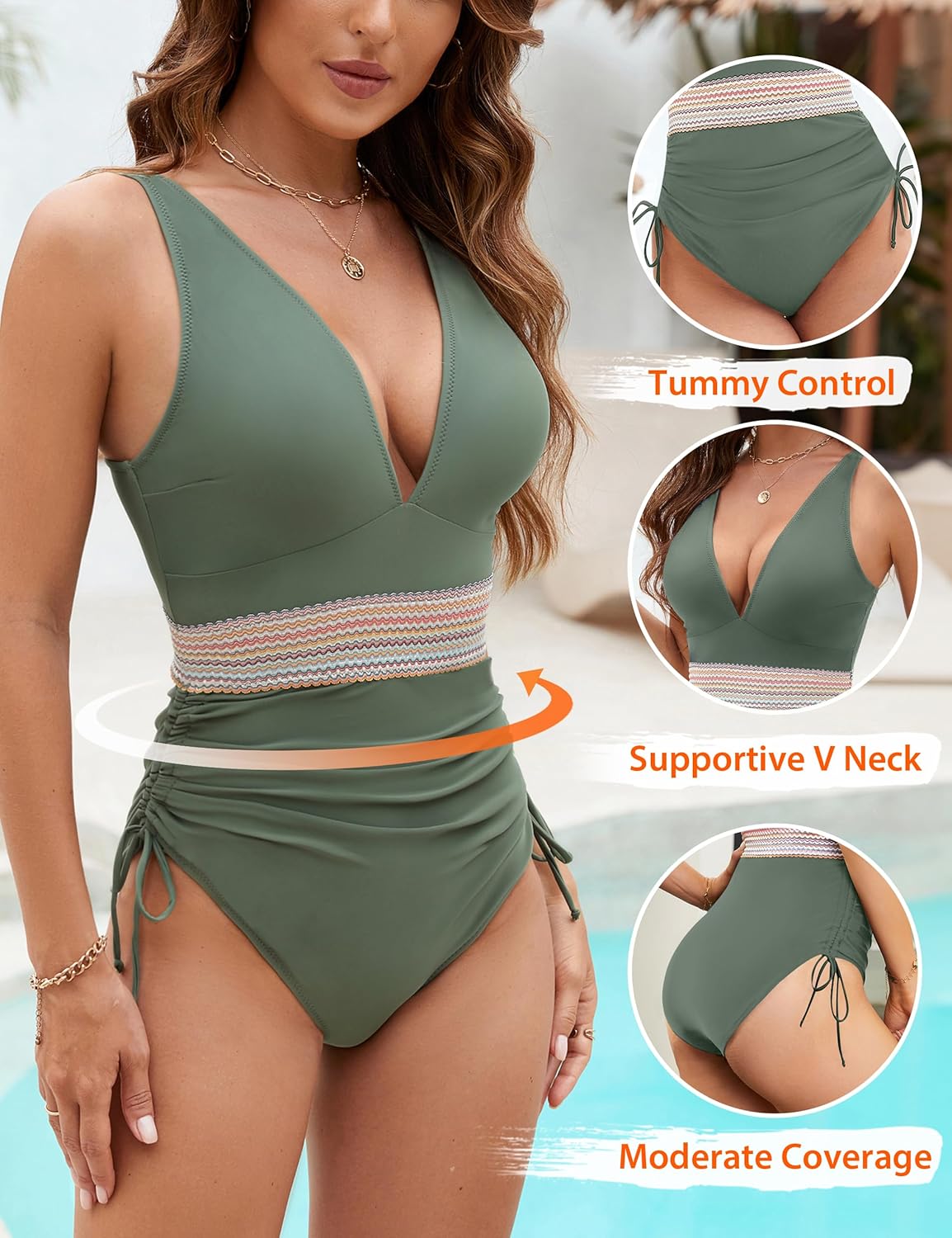 Maclair & Co. - Women Tummy Control Swimsuits One Piece Slimming Modest Bathing Suit Color Block Drawstring Swim Suits