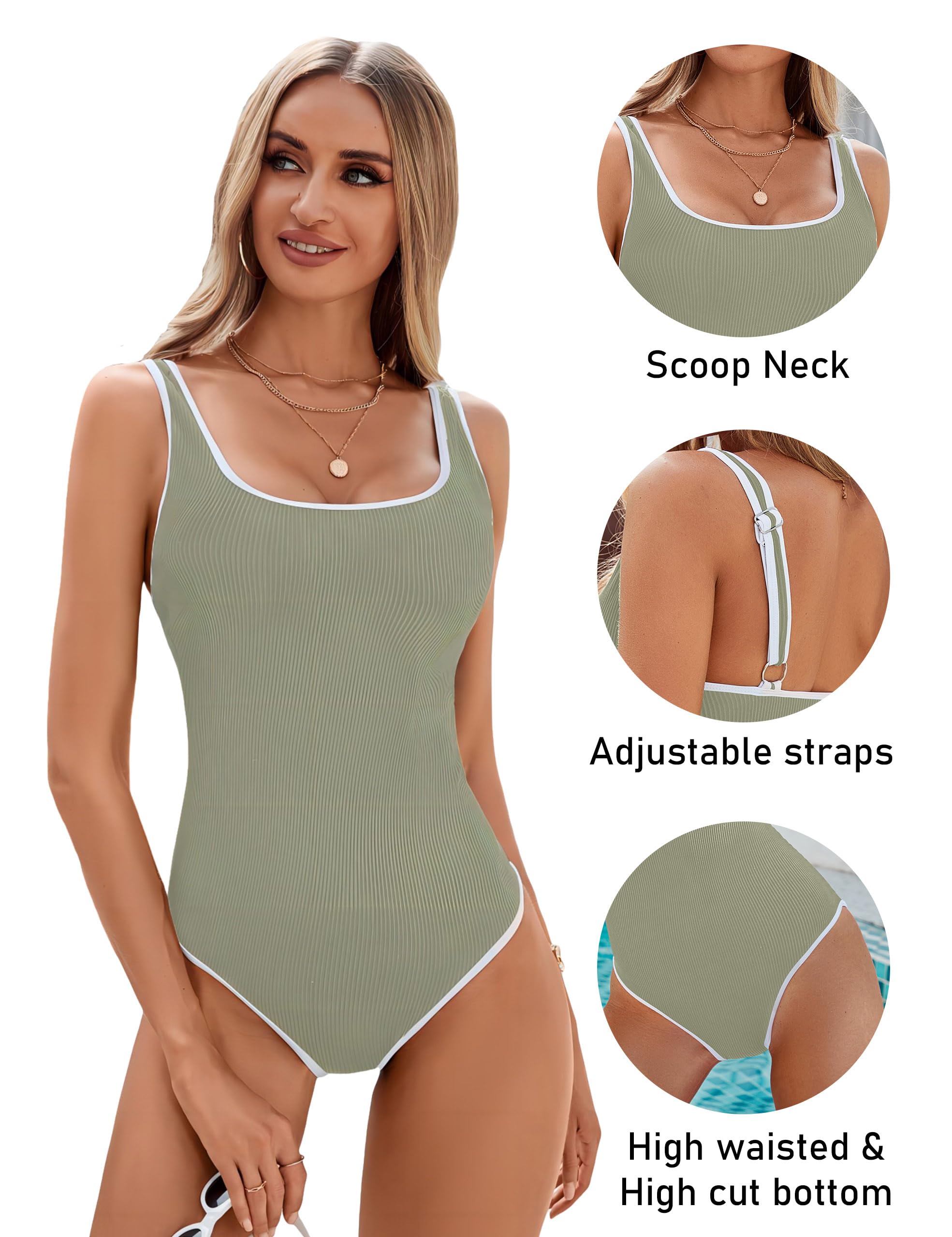 Maclair & Co. - Women's One Piece Swimsuit Sports Adjustable Strap Bathing Suit Color Block Ribbed High Cut Swimsuits