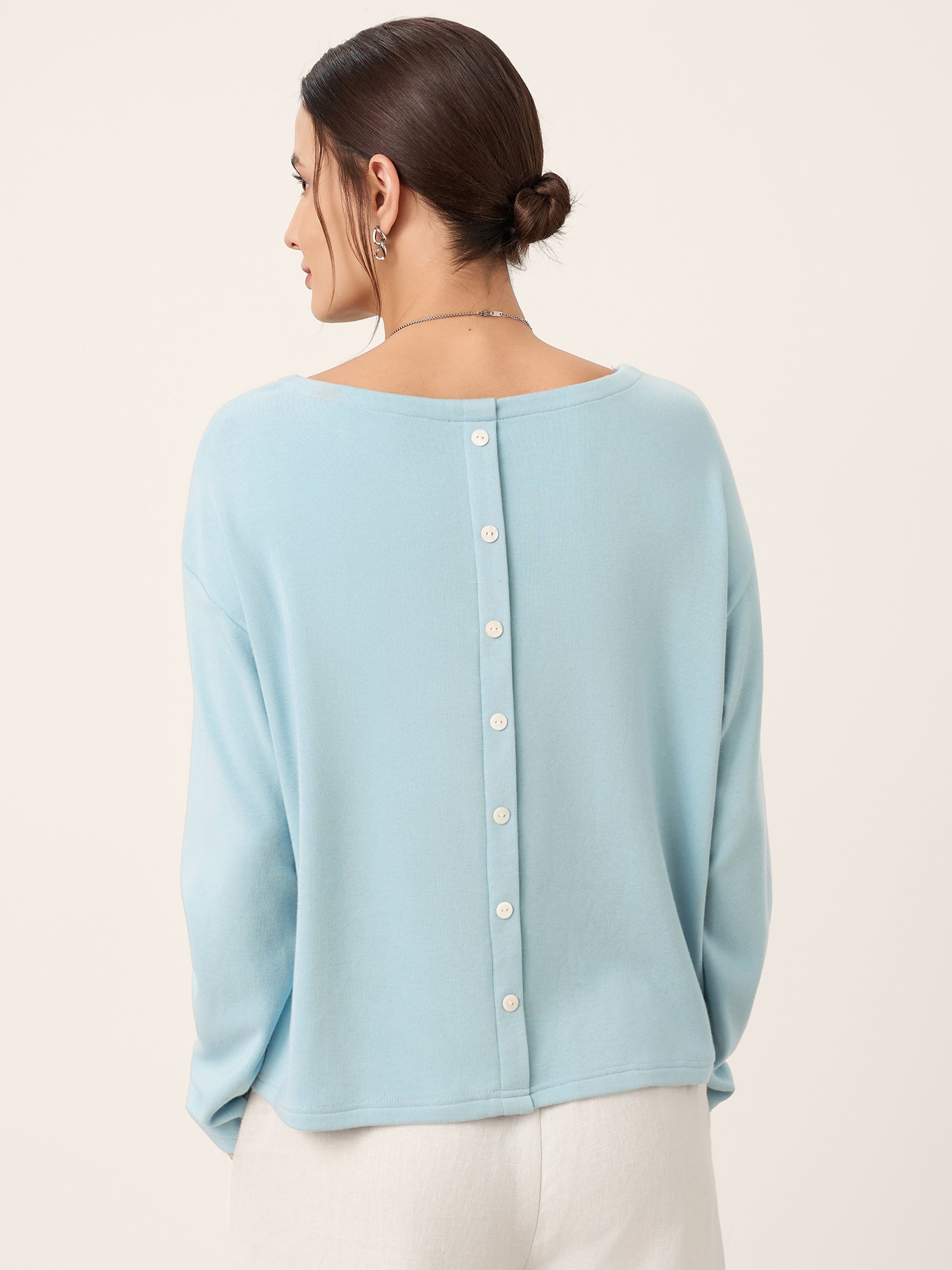 Boat Neck Button Back Long Sleeve Top AIRA