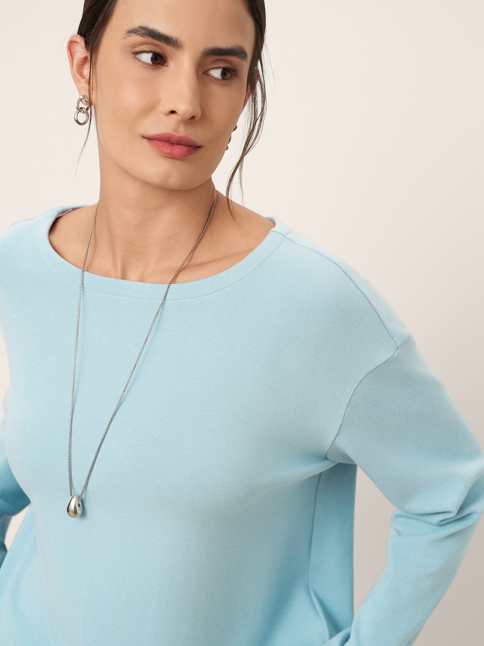 Boat Neck Button Back Long Sleeve Top AIRA