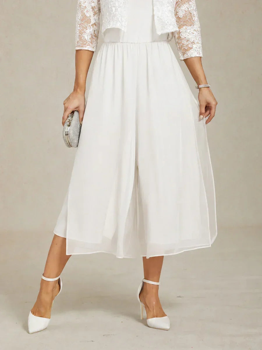 Cropped Length Straight Leg Pant With Chiffon Split Leg Overlay
