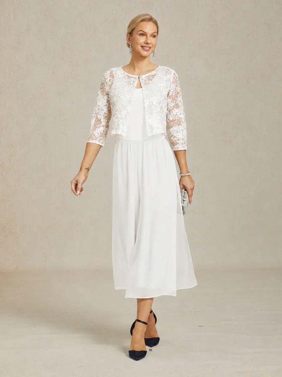 Cropped Length Straight Leg Pant With Chiffon Split Leg Overlay