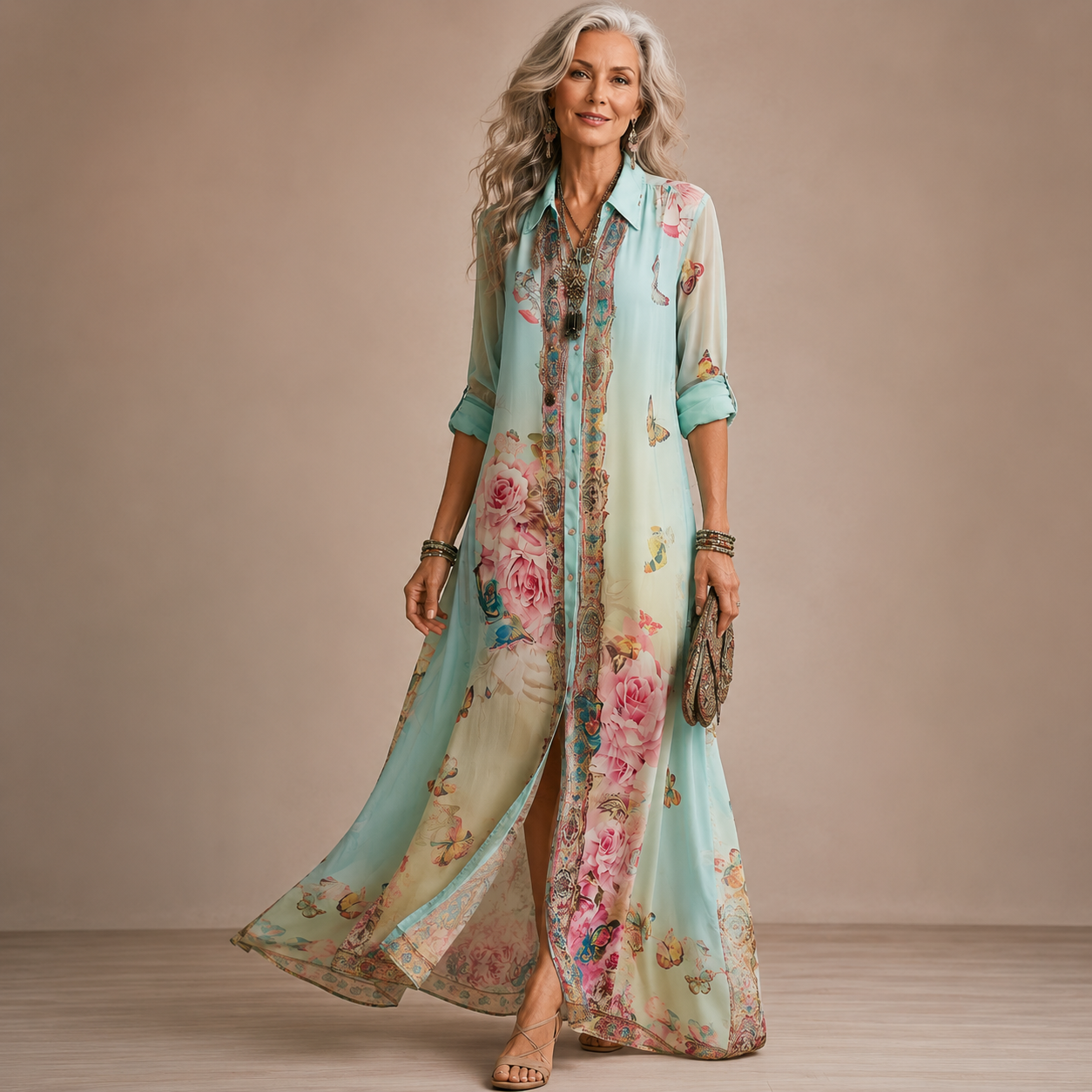 Baroque Floral Chiffon Maxi Dress