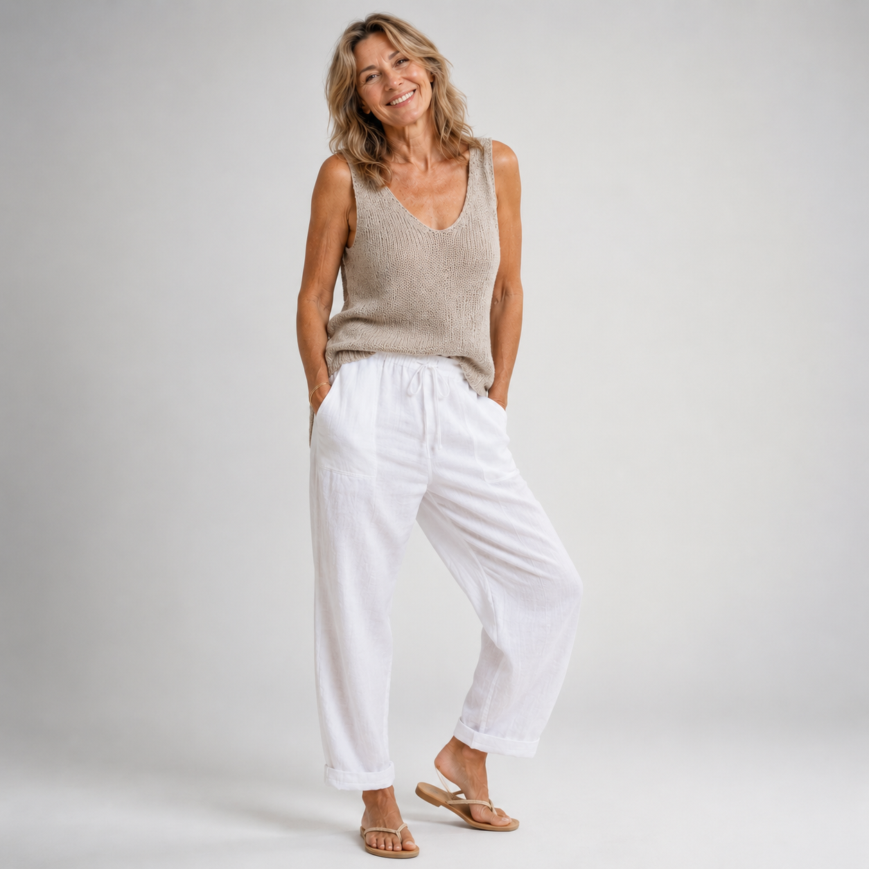 Solid Color with Pockets Sashes Loose Pants
