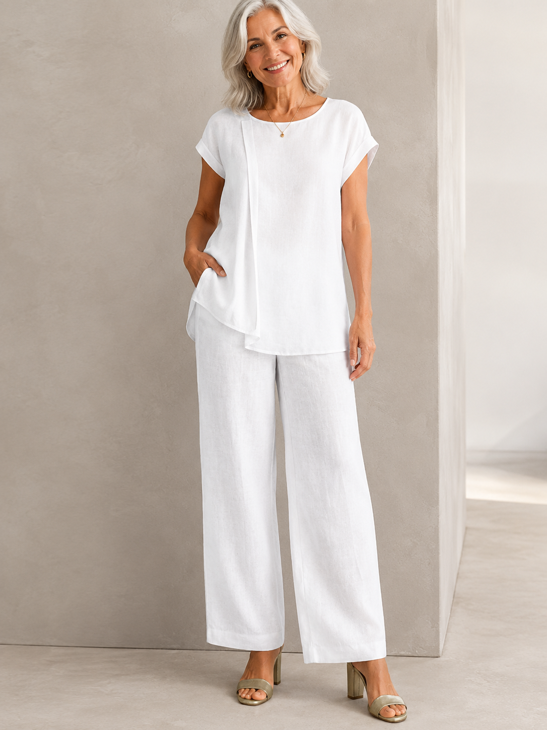 Pantalon ample casual à surpiqûres et poches discrètes