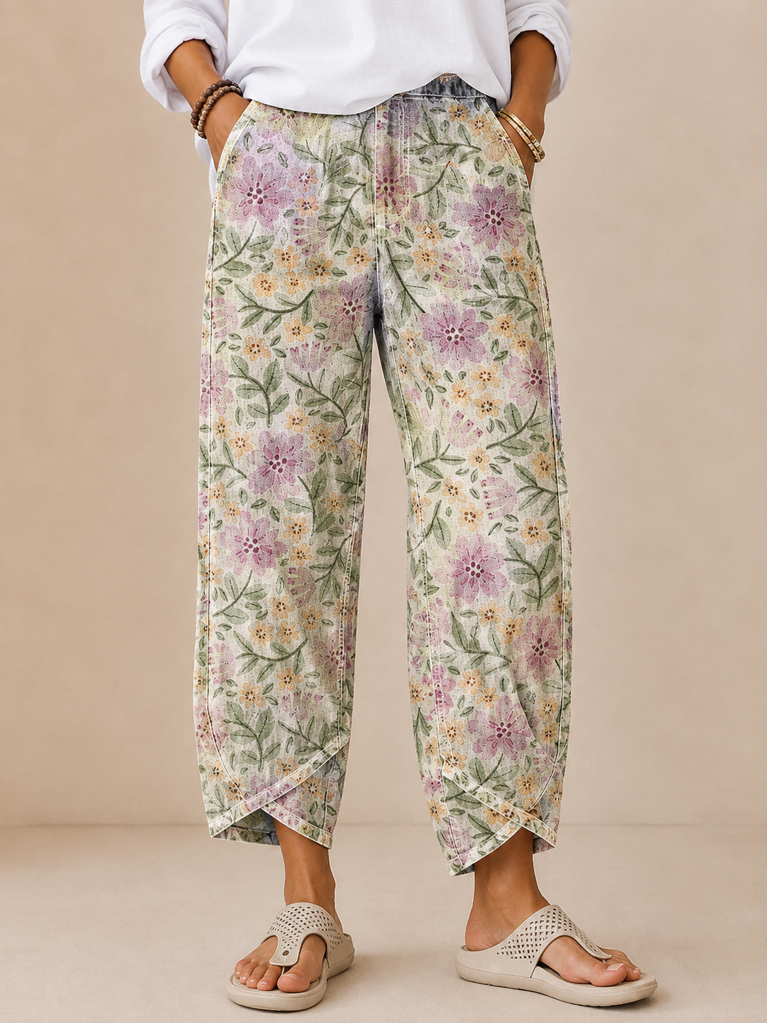 Pantalon en jean décontracté avec imprimé floral rétro et poches