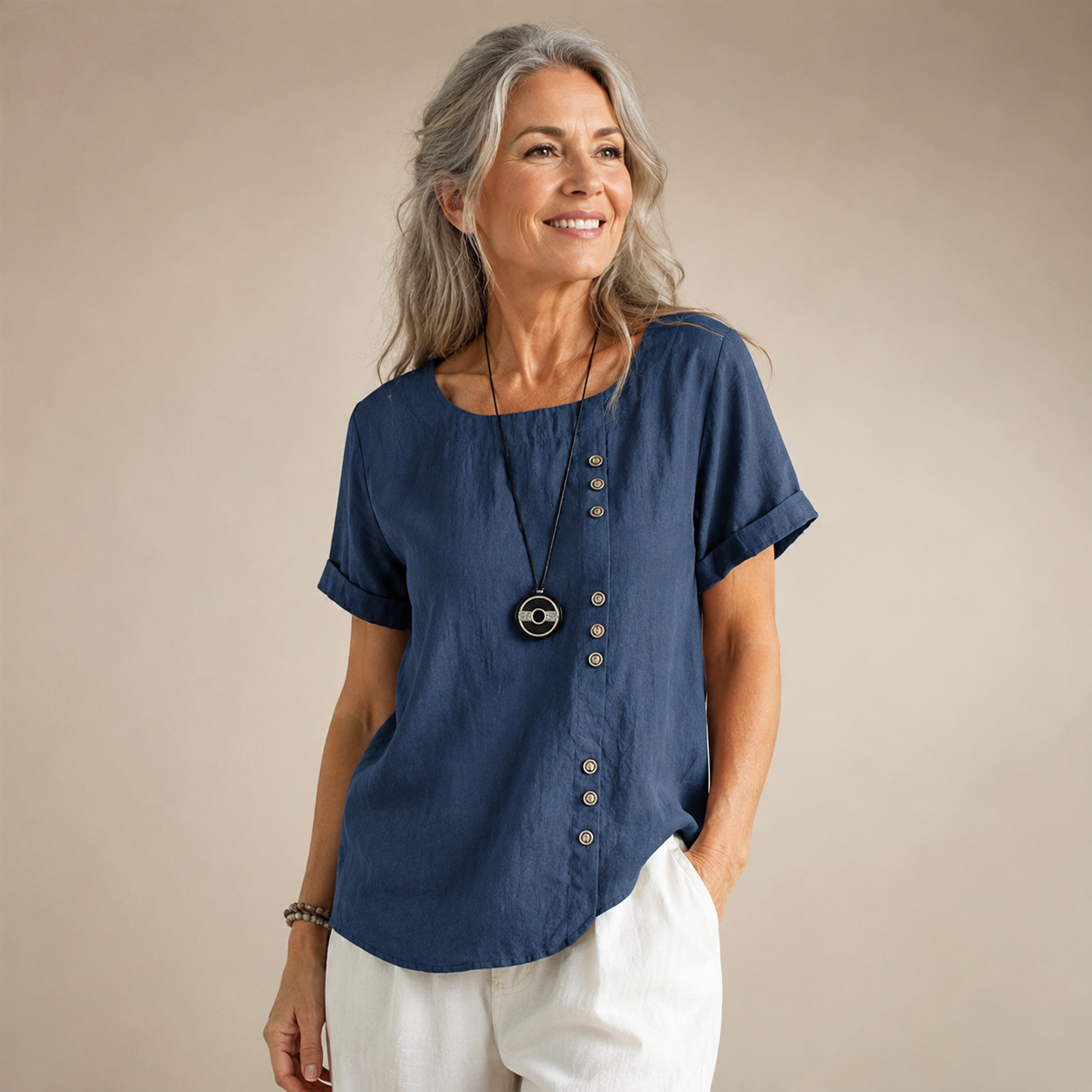 Women's Round Neck Solid Color Buttons Short Sleeves Blouse