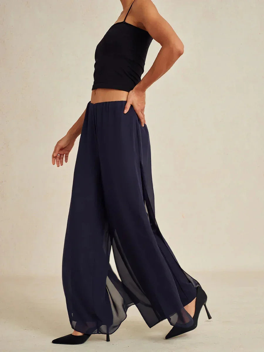 Broek Met Rechte Pijpen en Chiffon-Overslag Met Split
