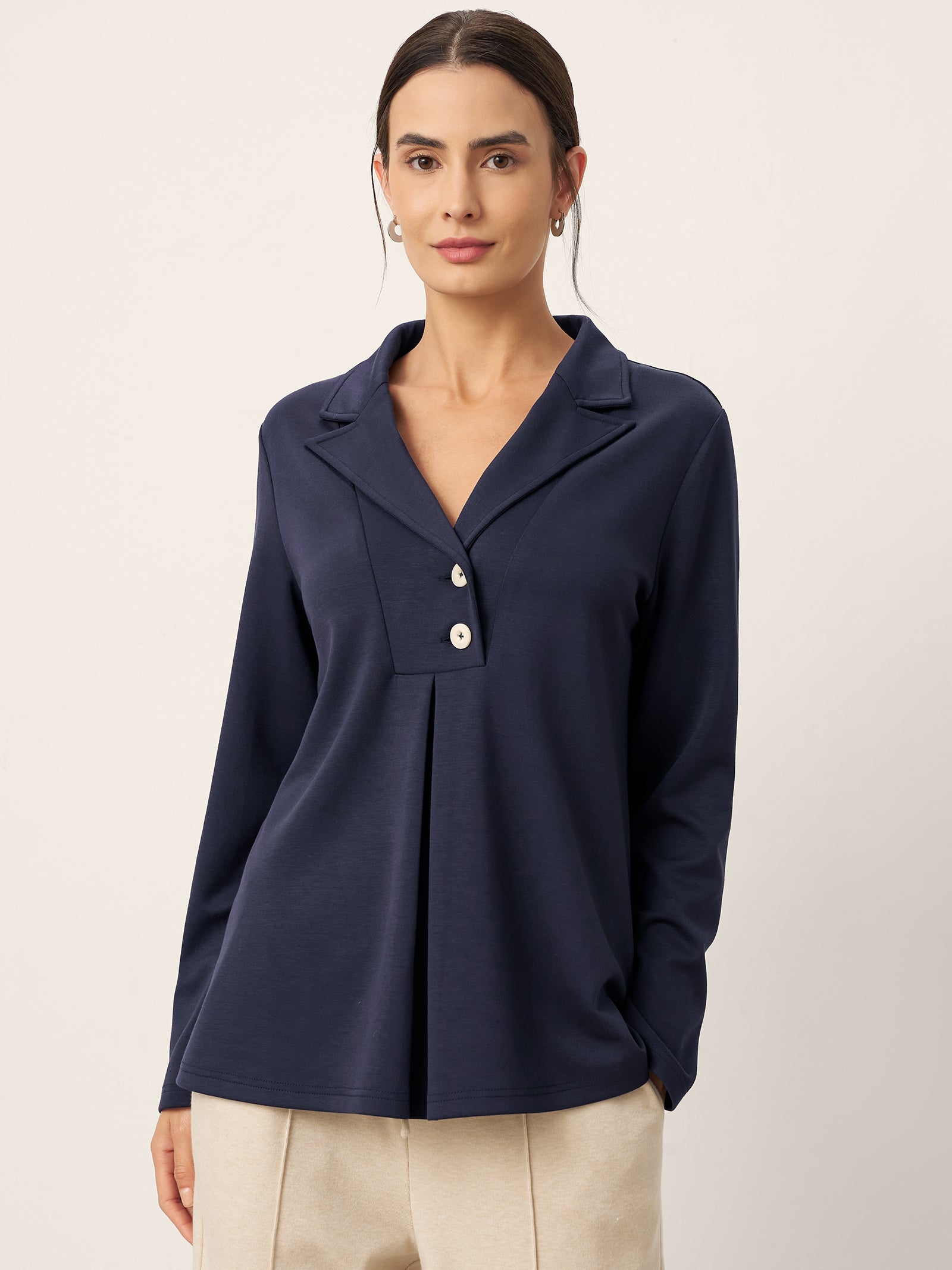 Notched Pleat Long Sleeve Top JUNE