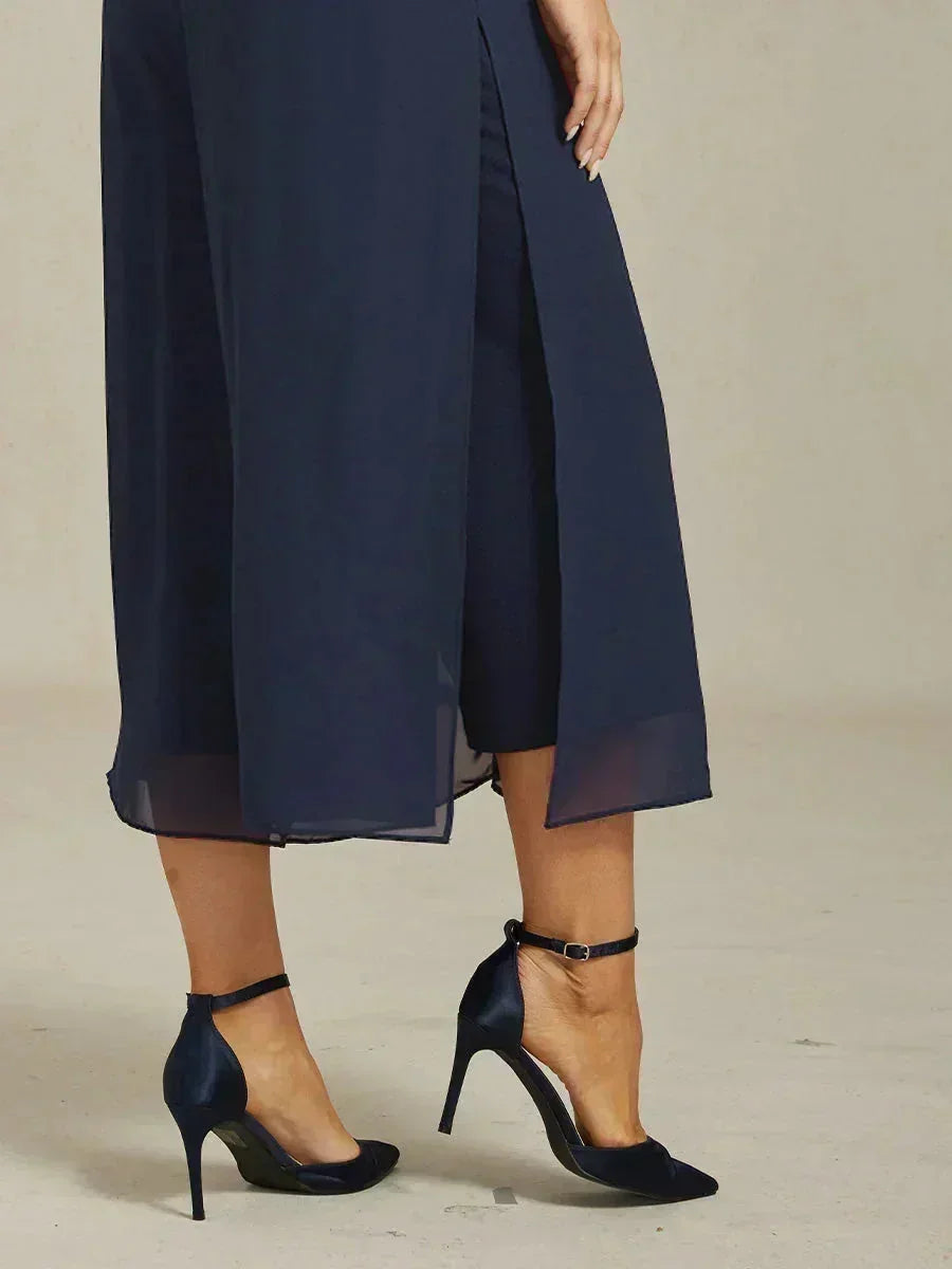 Cropped Broek Met Rechte Pijpen En Chiffon Splitpijp-Overlay