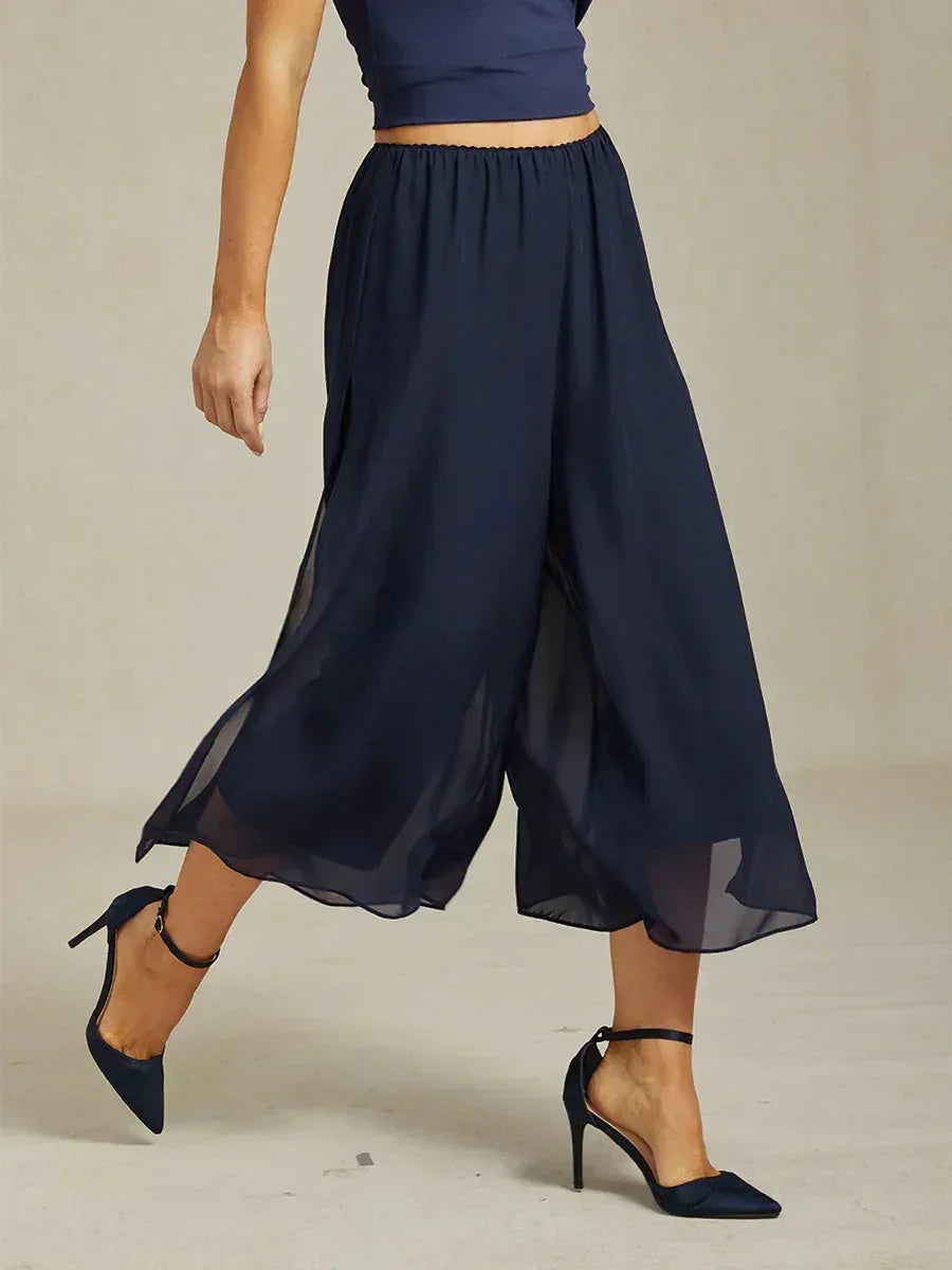 Kortvallende Rechte Broek Met Chiffon Splitpijp-Overlaag