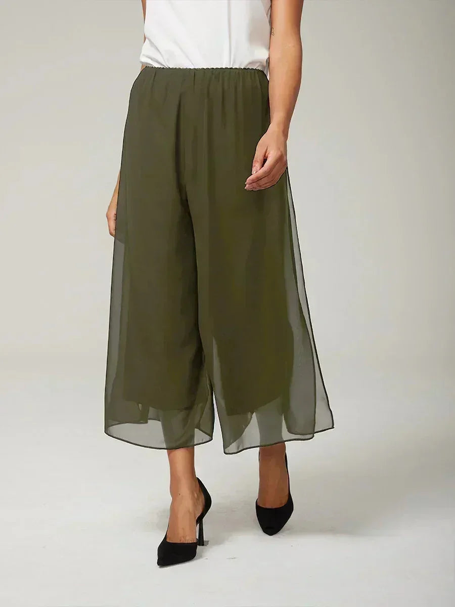 Gecropte Rechte Broek Met Chiffon Split-Overlaag