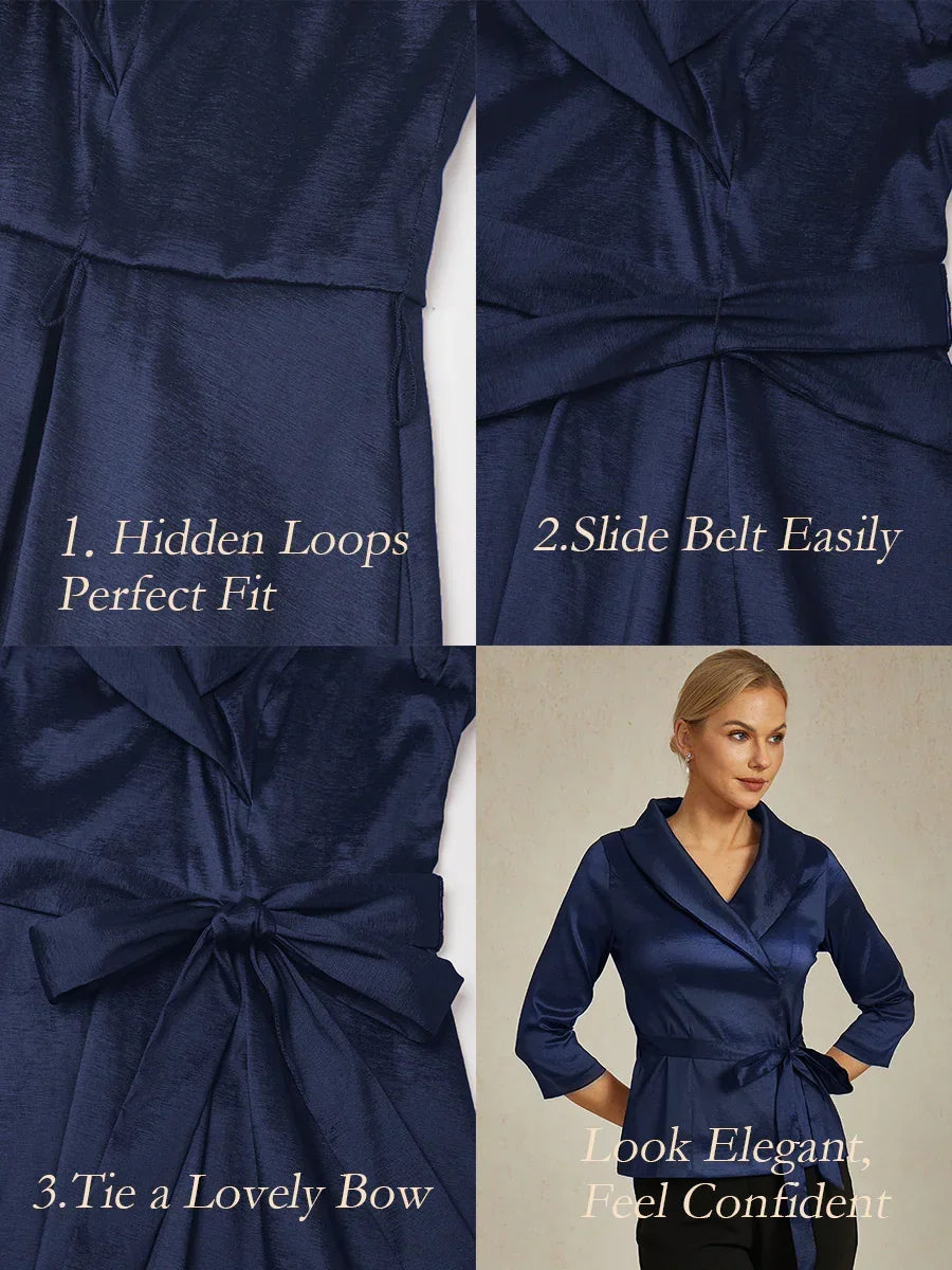 3/4 mouw stretch taffeta blouse met ceintuurdetail