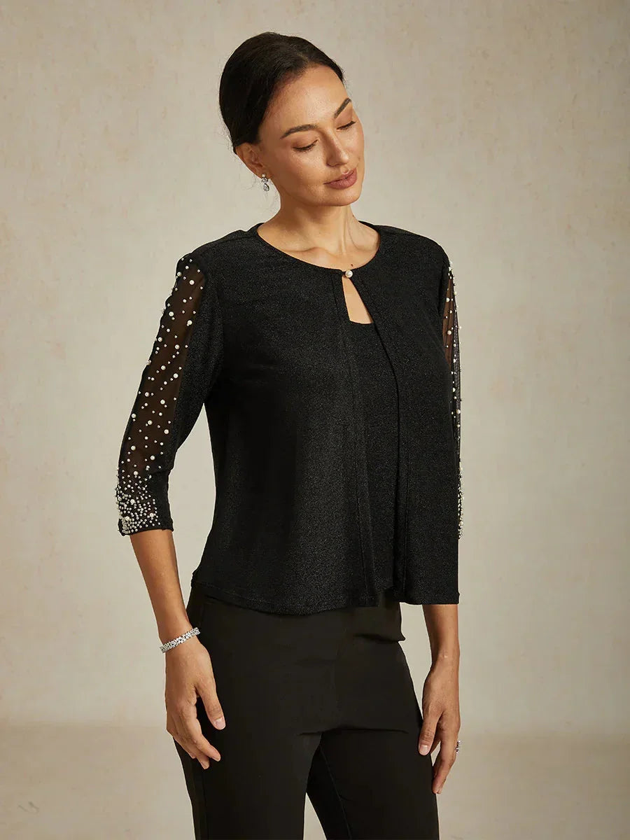 Blouse van Metallic Gebreide Stof met Kraaltjes en 3/4-mouwen