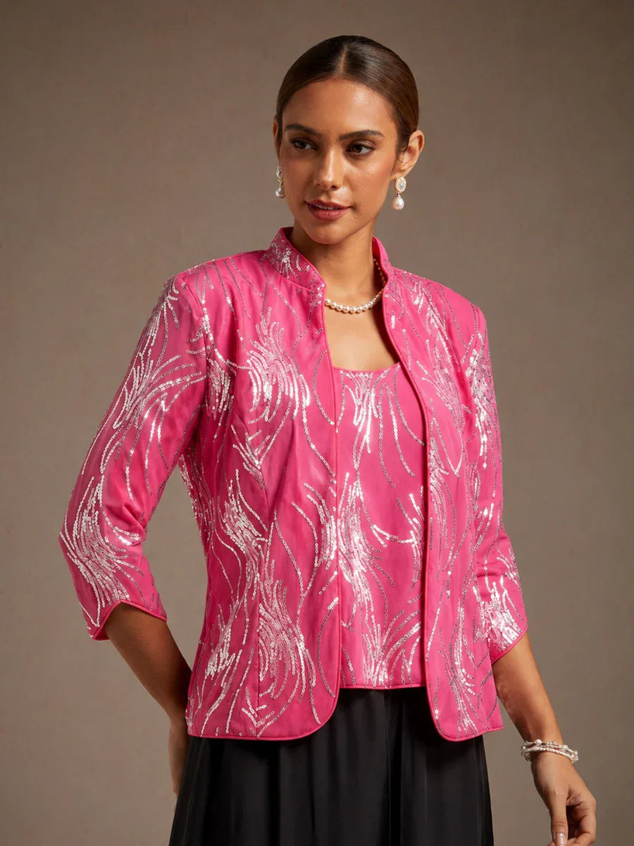 Elegant Mandarin Collar Sequin Twinset