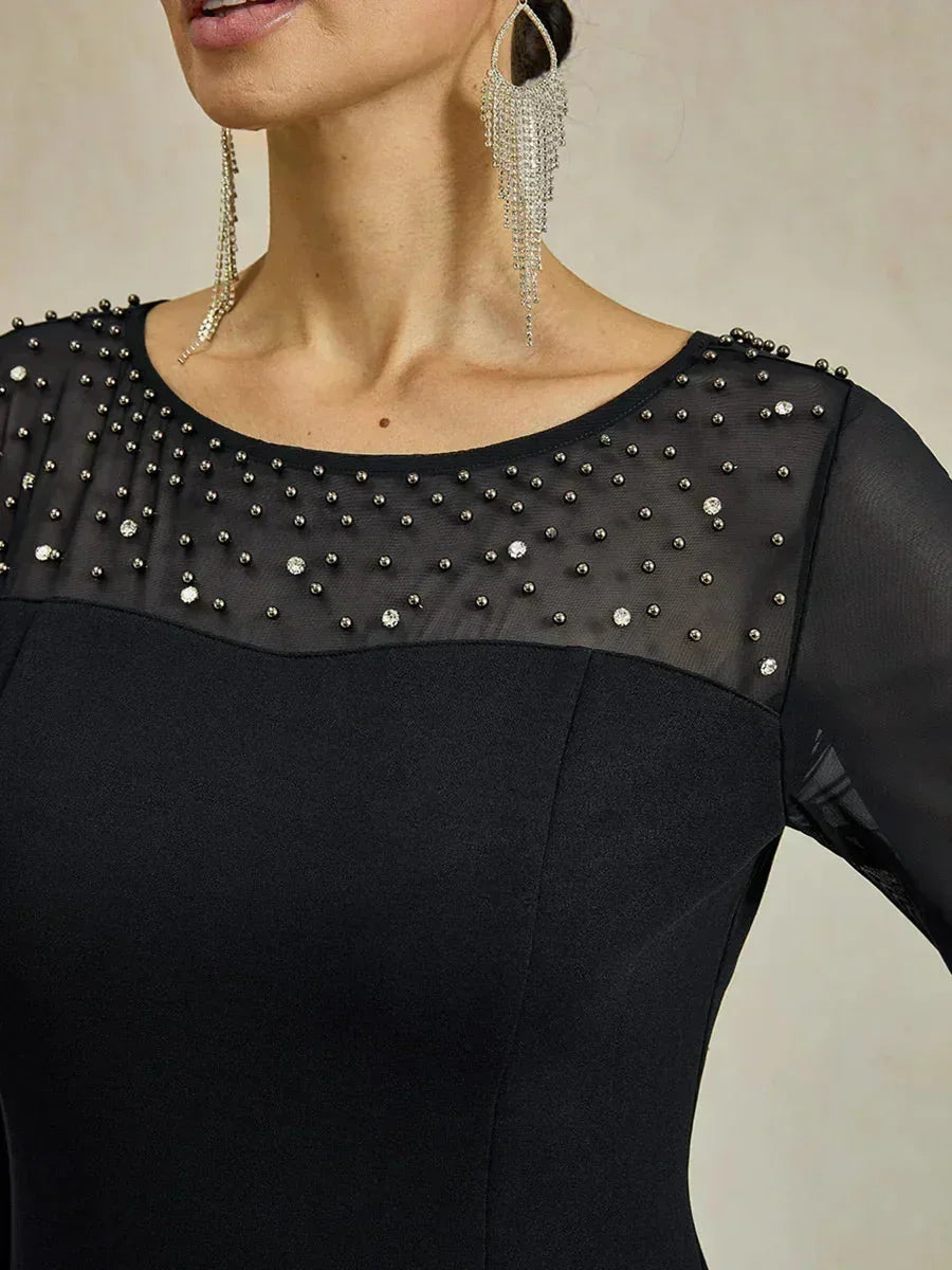 Elegante Kokerjurk voor Cocktails met Versierde Illusie-Mesh Halslijn