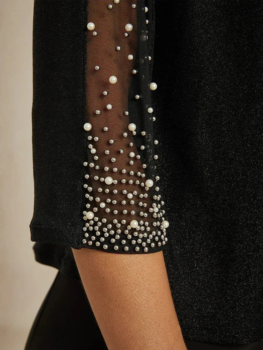 Blouse van Metallic Gebreide Stof met Kraaltjes en 3/4-mouwen