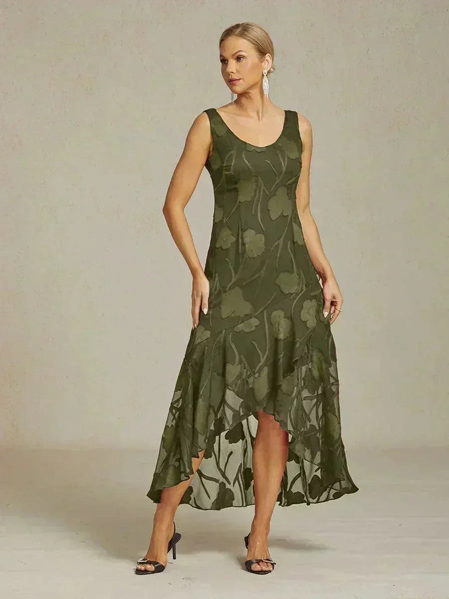 Mouwloze Chiffon Avondjurk met Bloemen en Asymmetrische Zoom