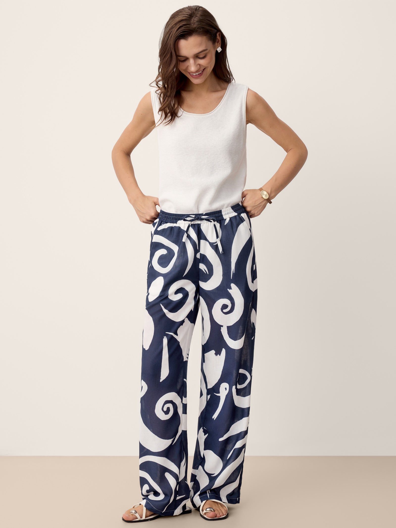 Linen Abstract-Print Straight-Leg Pants ORLA