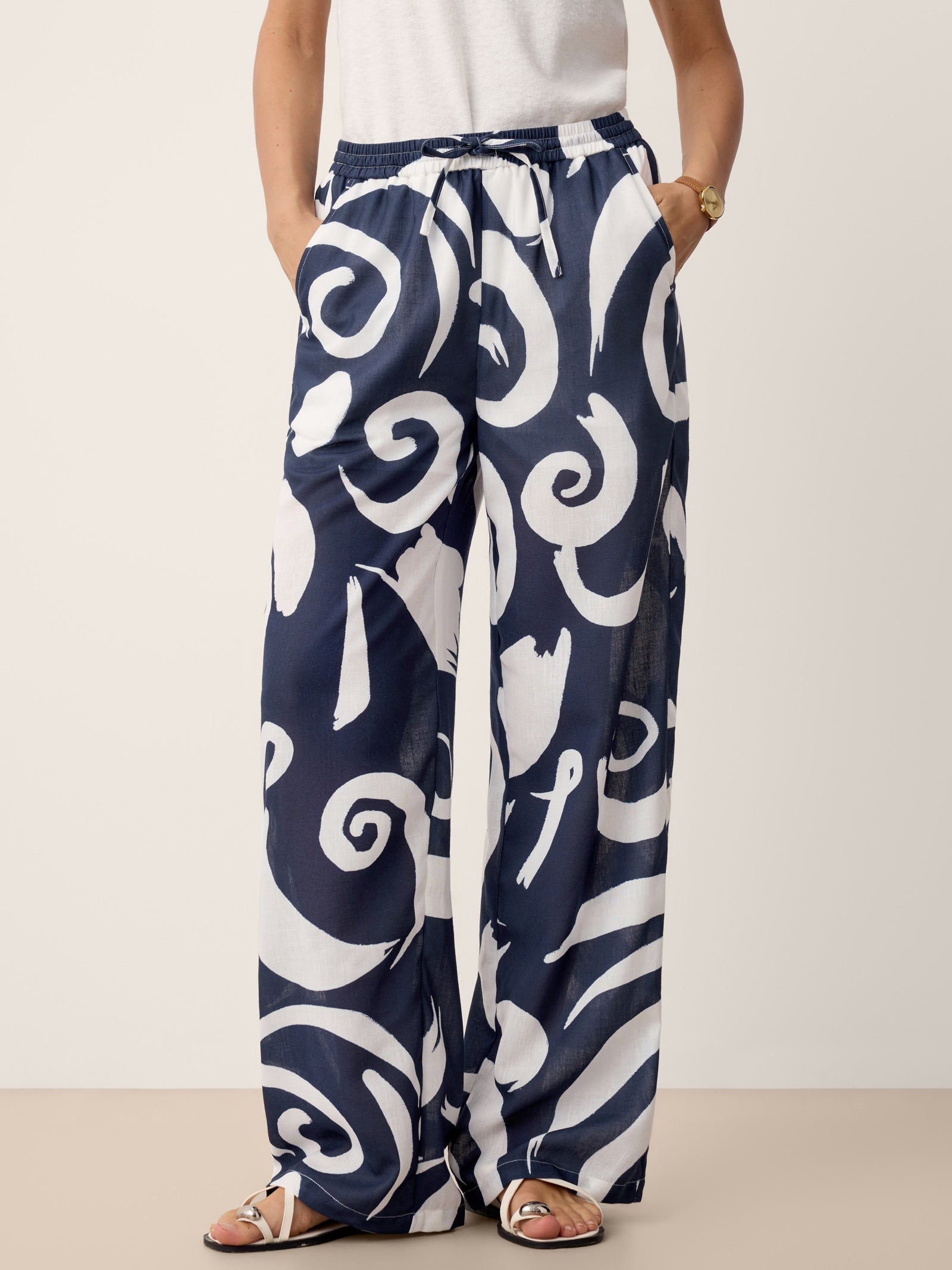Linen Abstract-Print Straight-Leg Pants ORLA