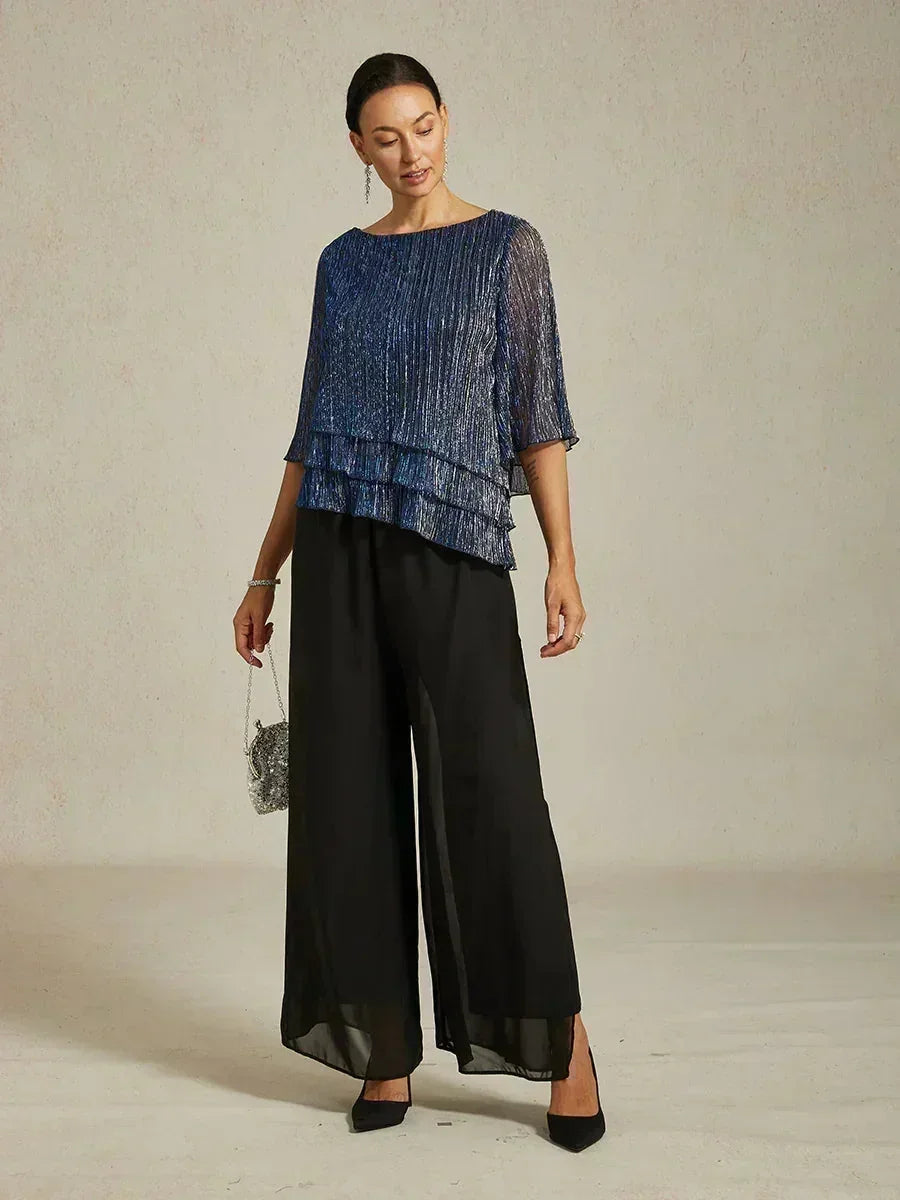 Metallic Geplooide Chiffon Asymmetrische Gelaagde Blouse