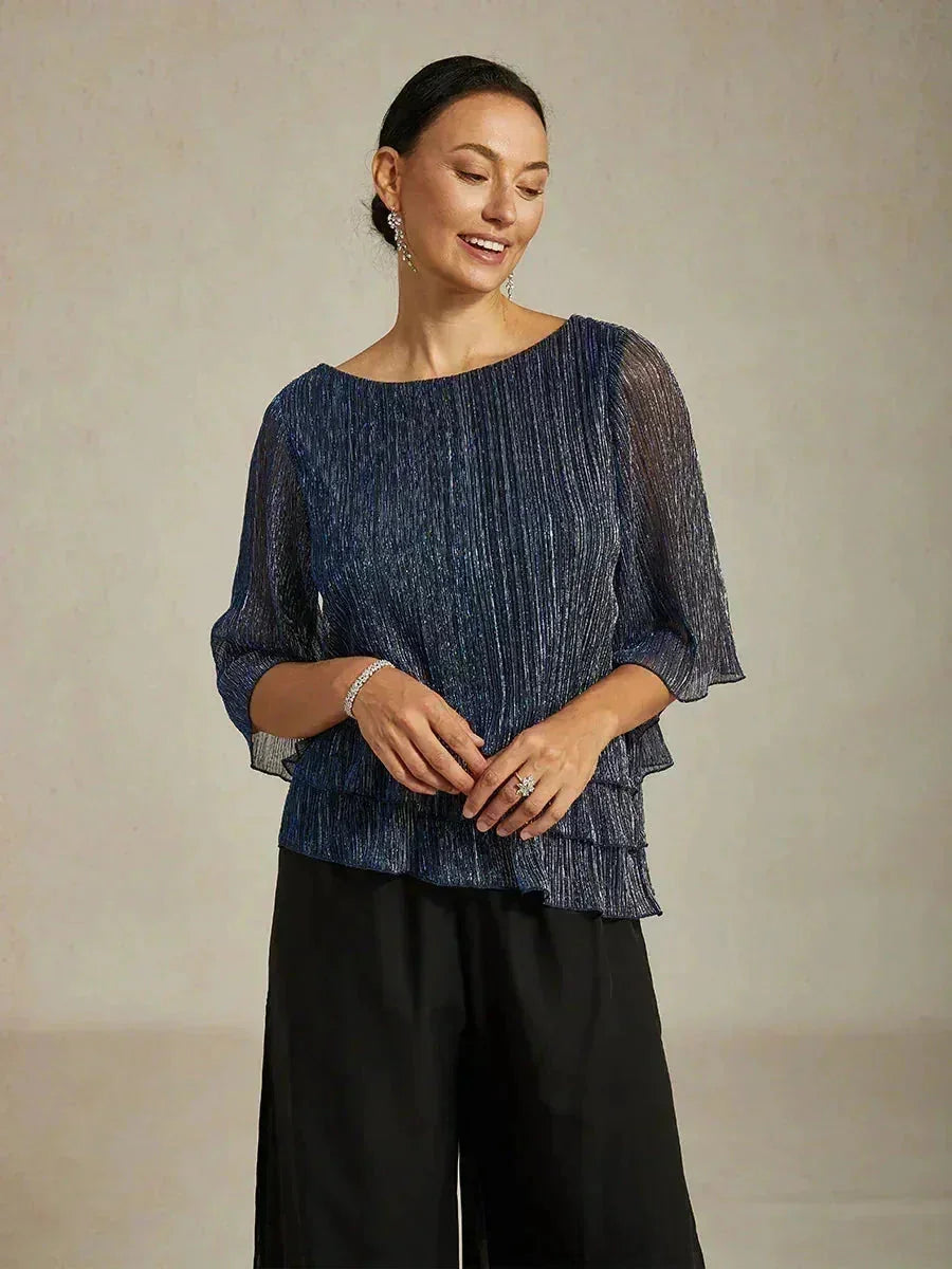 Metallisch Geplooide Chiffon Asymmetrische Gelaagde Blouse