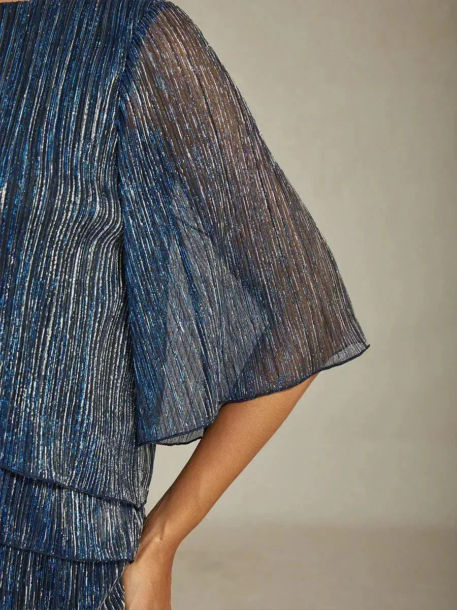 Metallic Geplooide Chiffon Asymmetrische Gelaagde Blouse
