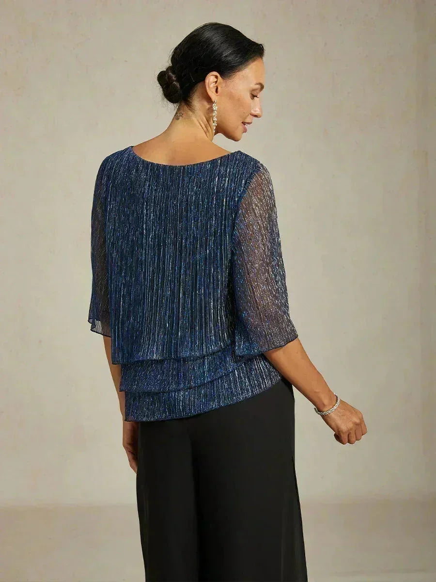 Metallische Geplooide Chiffon Asymmetrische Gelaagde Blouse
