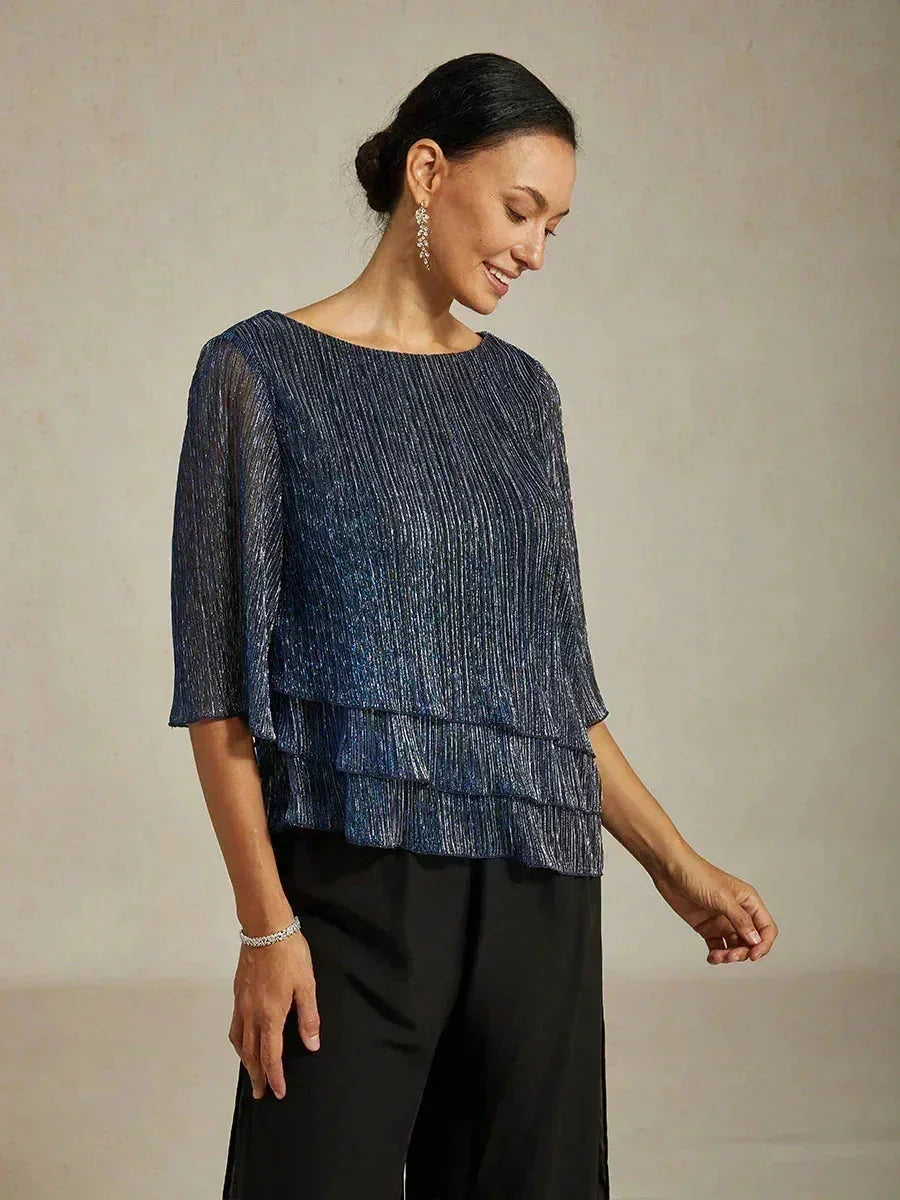 Metallisch Geplooide Chiffon Asymmetrische Gelaagde Blouse