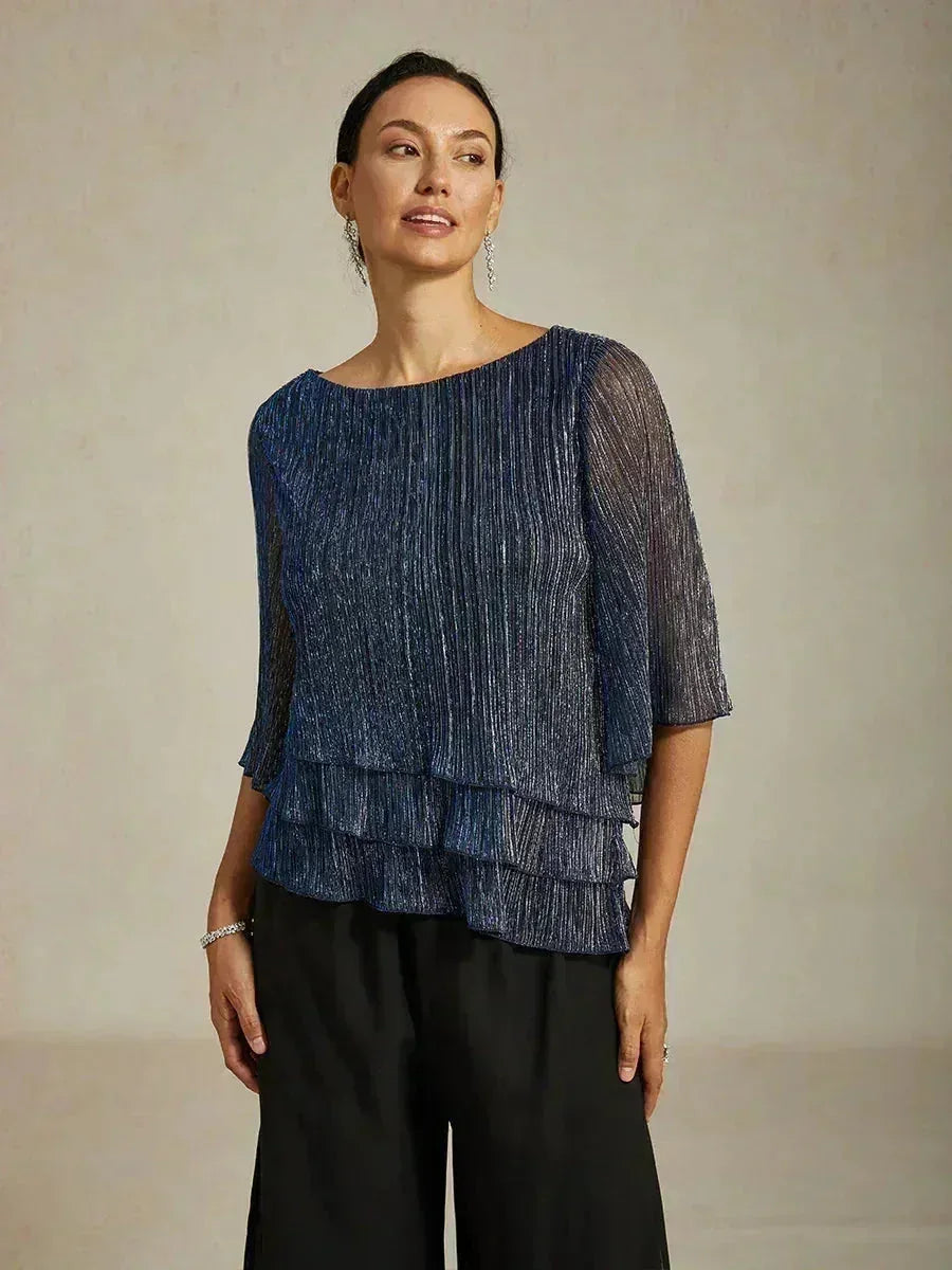 Metallische Geplooide Chiffon Asymmetrische Gelaagde Blouse