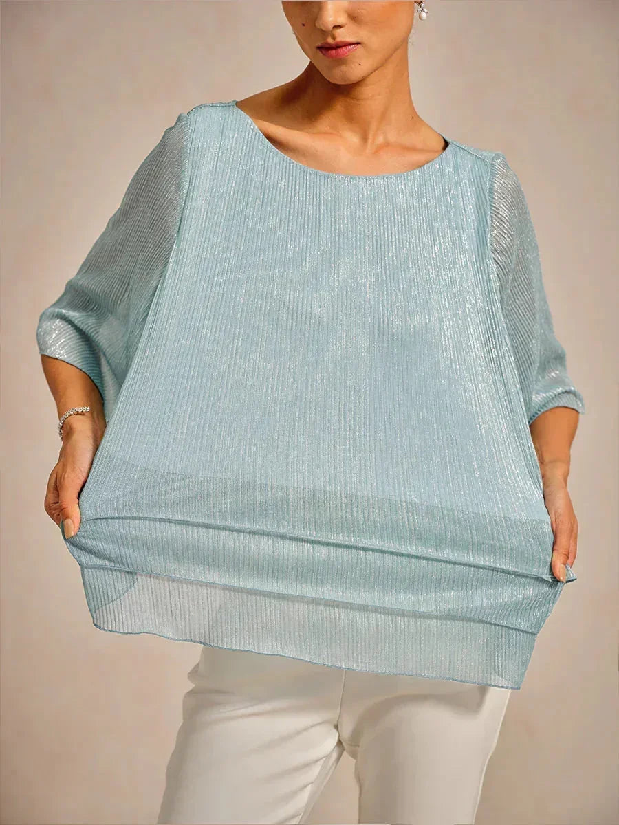 Metallic Geplooide Chiffon Asymmetrische Gelaagde Blouse