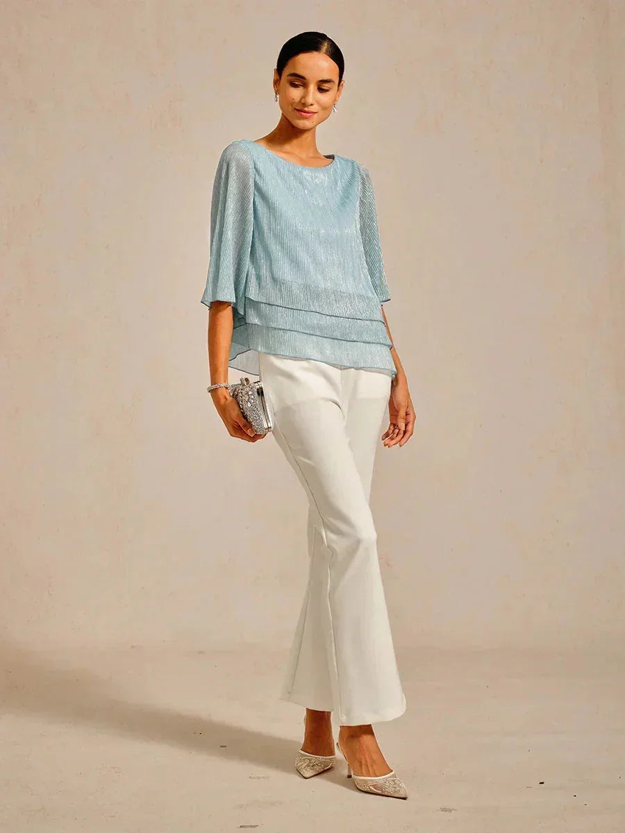 Metallic Geplooide Chiffon Asymmetrische Gelaagde Blouse