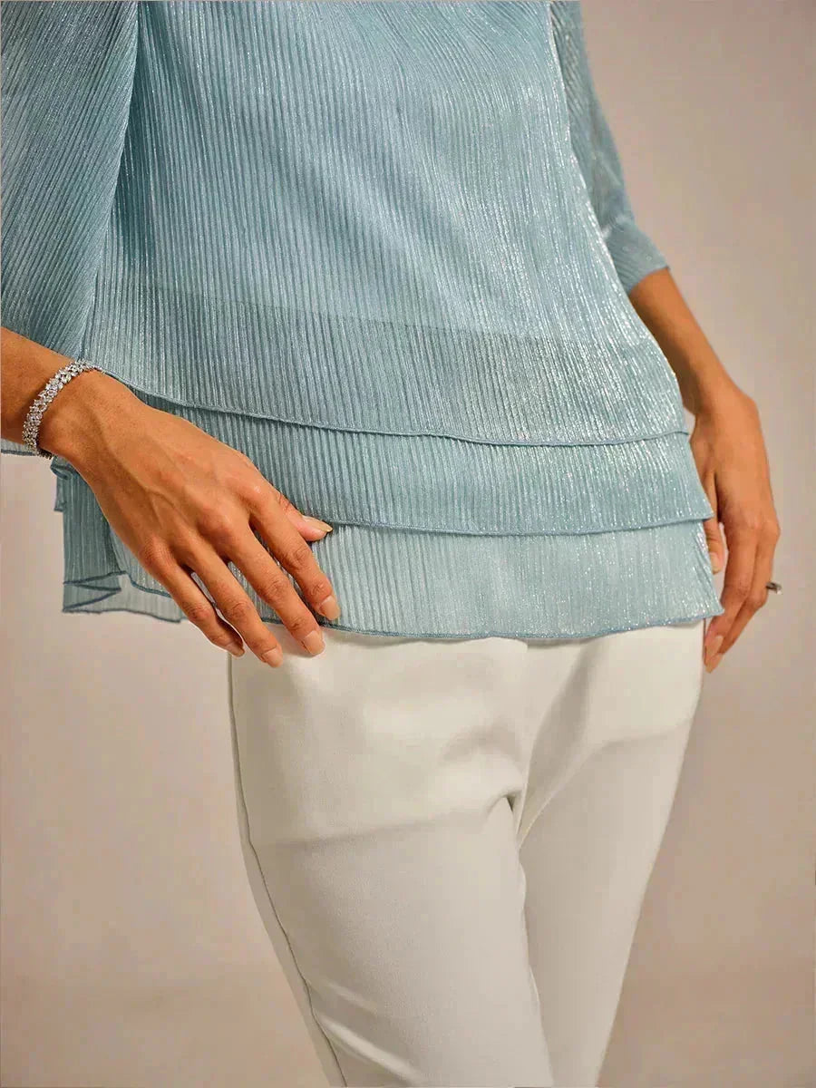Metallic Geplooide Chiffon Asymmetrische Gelaagde Blouse