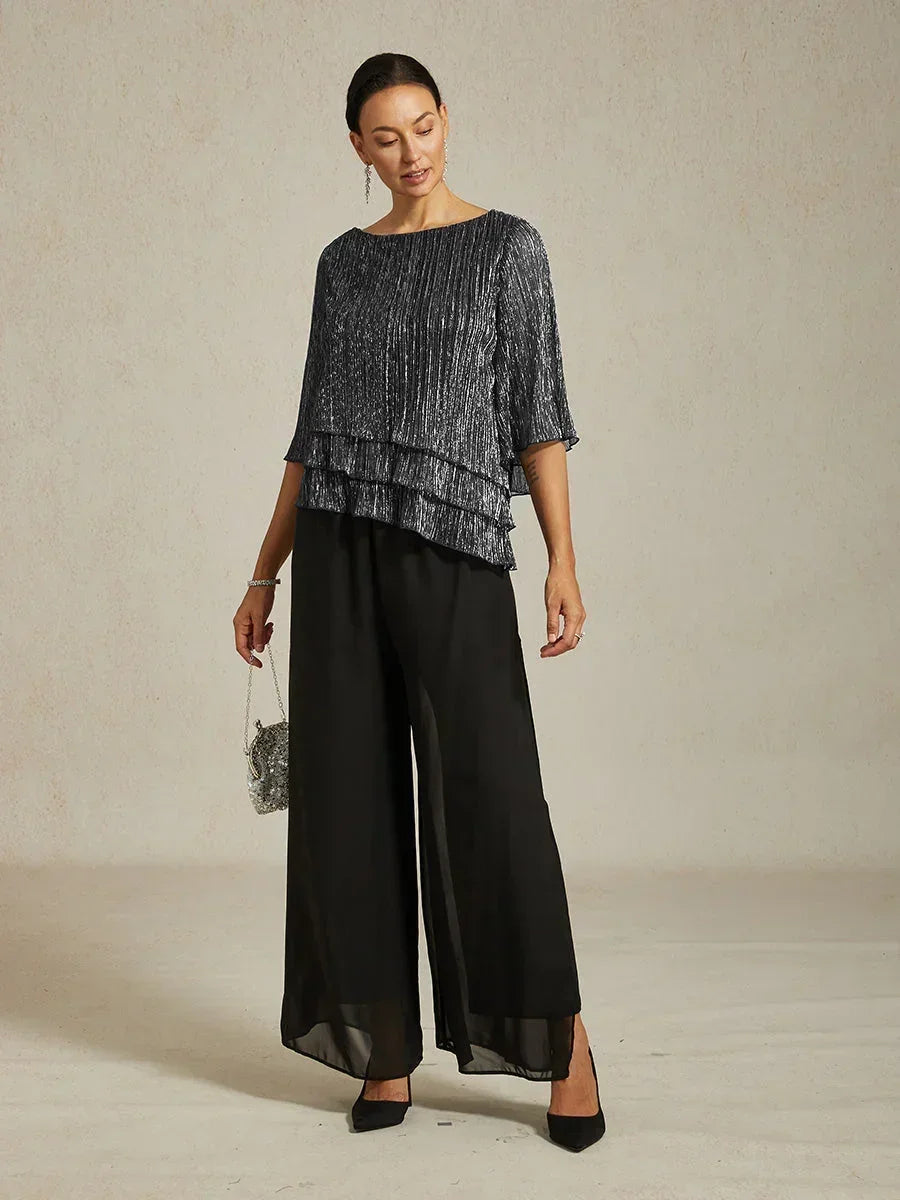 Metallic Geplooide Chiffon Asymmetrische Gelaagde Blouse