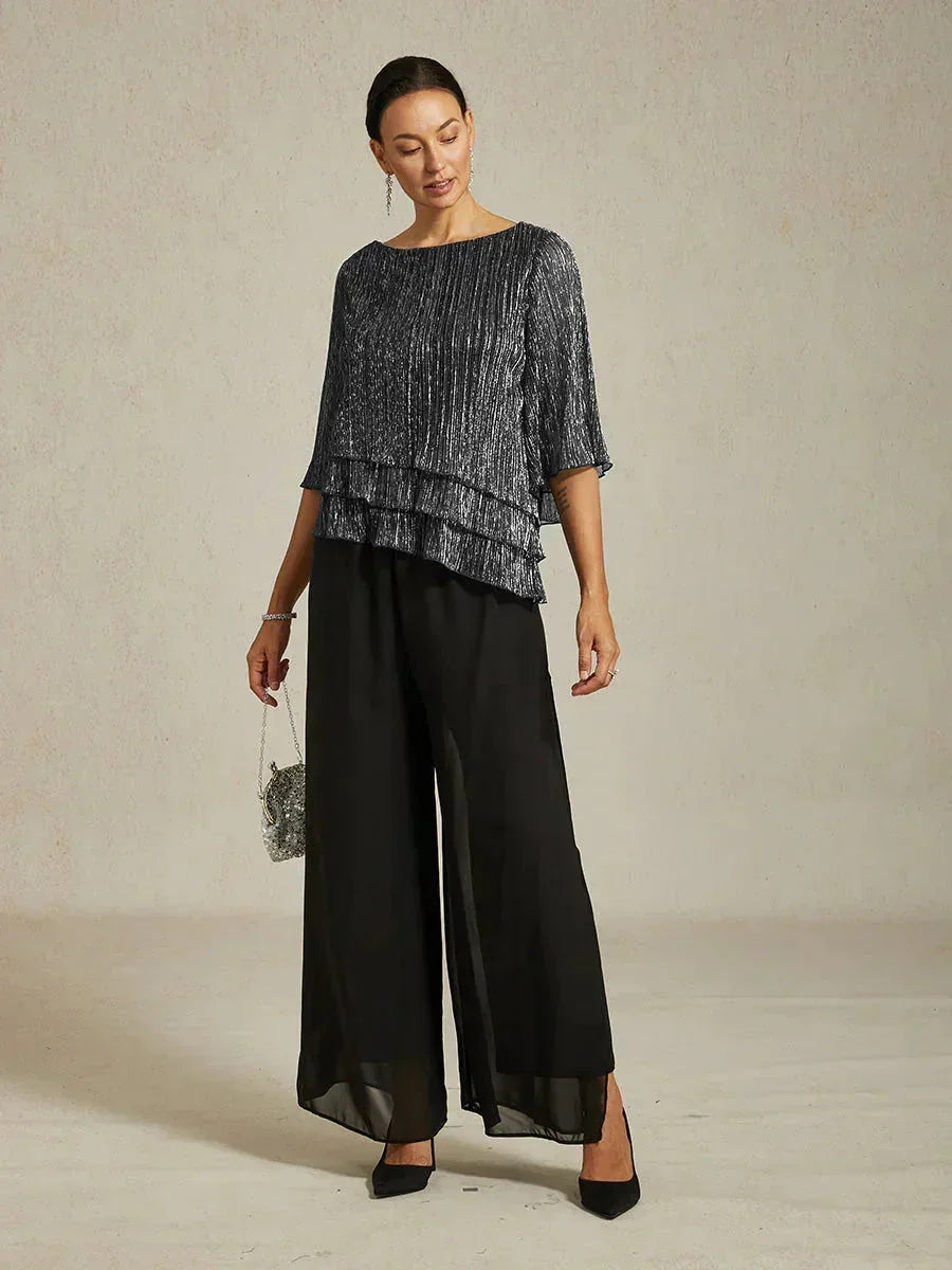 Metallisch Geplooide Chiffon Asymmetrische Gelaagde Blouse