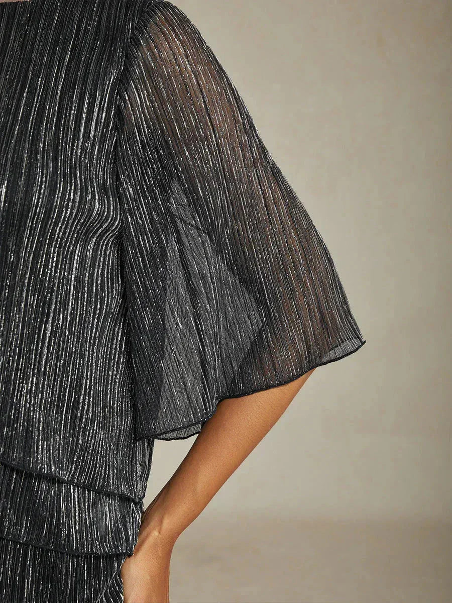 Metallic Geplooide Chiffon Asymmetrische Gelaagde Blouse