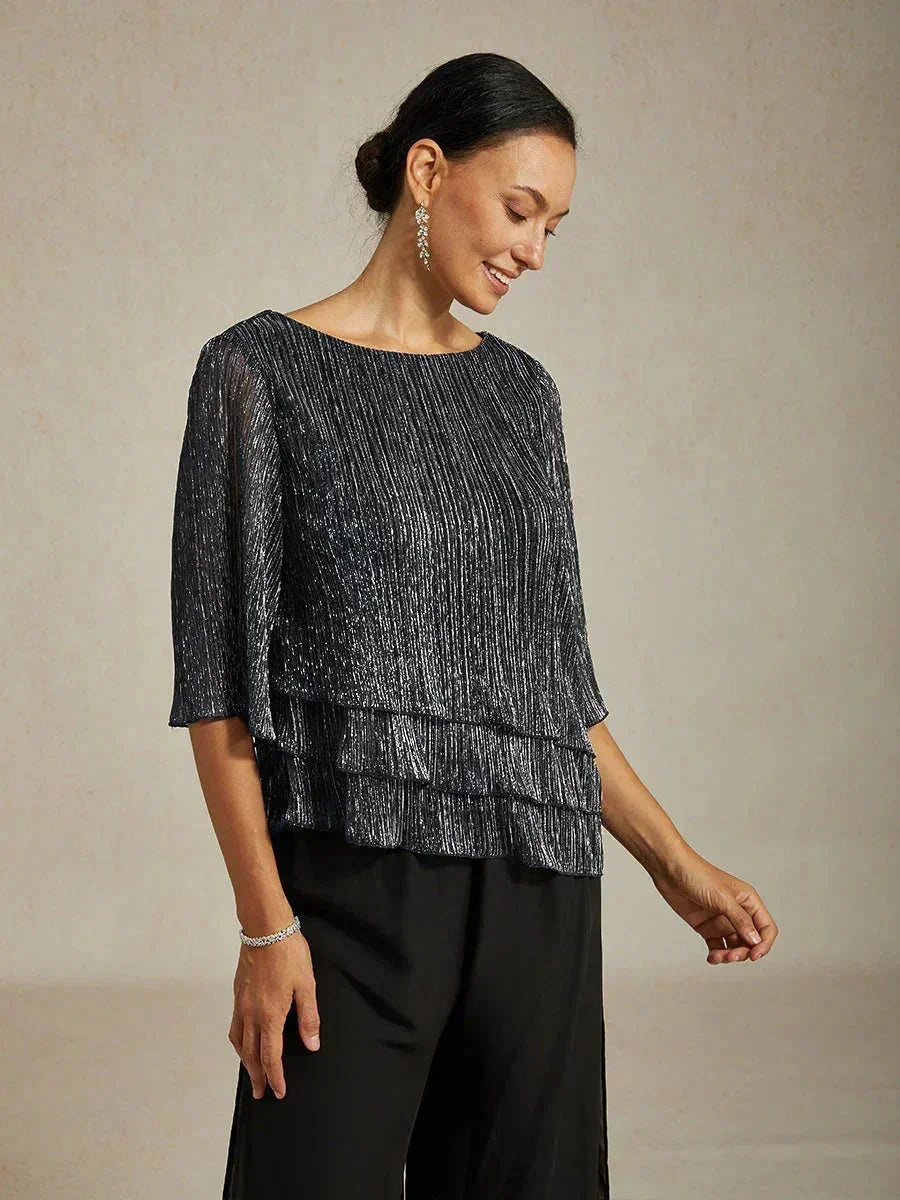 Metallisch Geplooide Chiffon Asymmetrische Gelaagde Blouse
