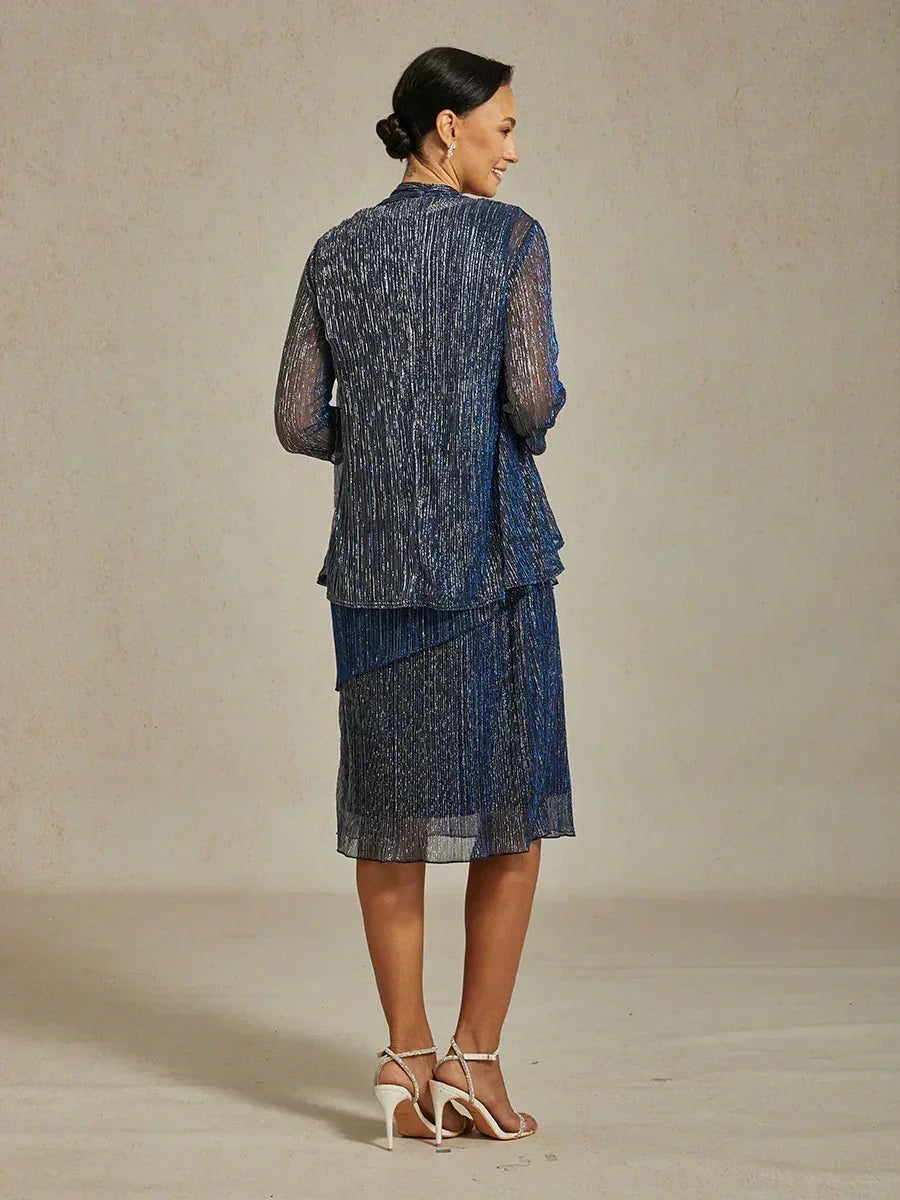 Metallisch Geplooide Chiffon Midi-jurk Met Ronde Hals Afgewerkt Met Kralen