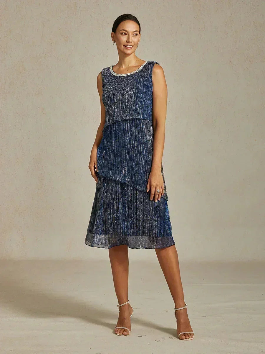 Metallic Geplooide Chiffon Midi-jurk met Kralenversierde Ronde Hals